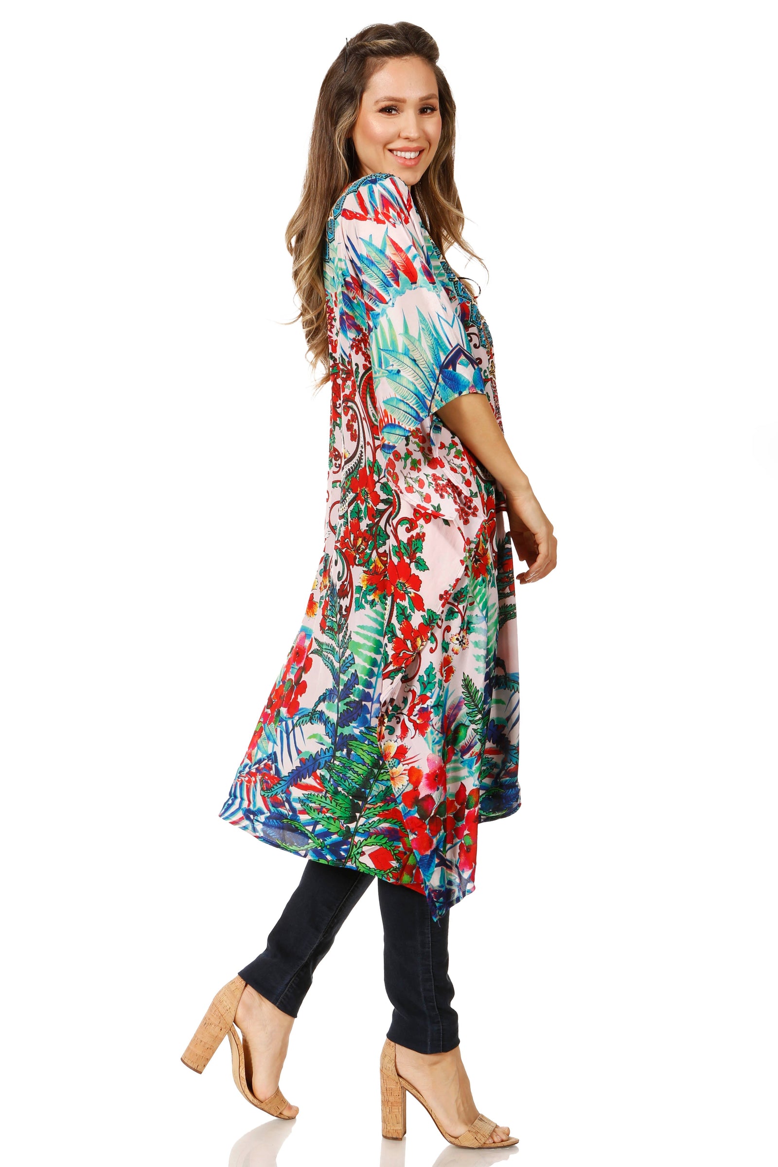 Vestido caftán Sakkas Zeni de verano con estampado floral y cuello en V y manga corta para mujer
