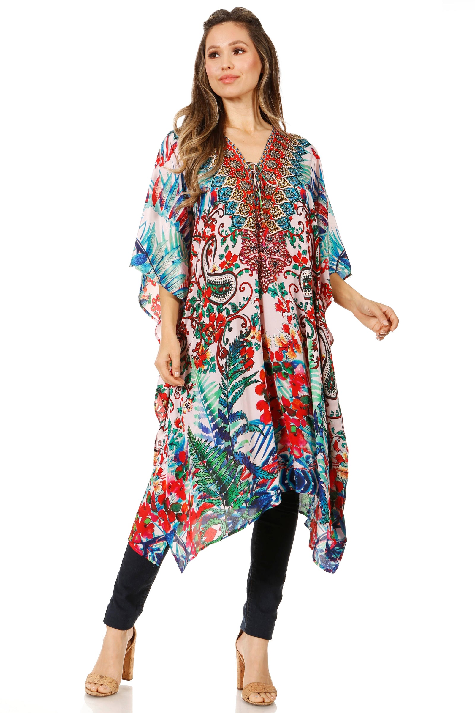 Vestido caftán Sakkas Zeni de verano con estampado floral y cuello en V y manga corta para mujer