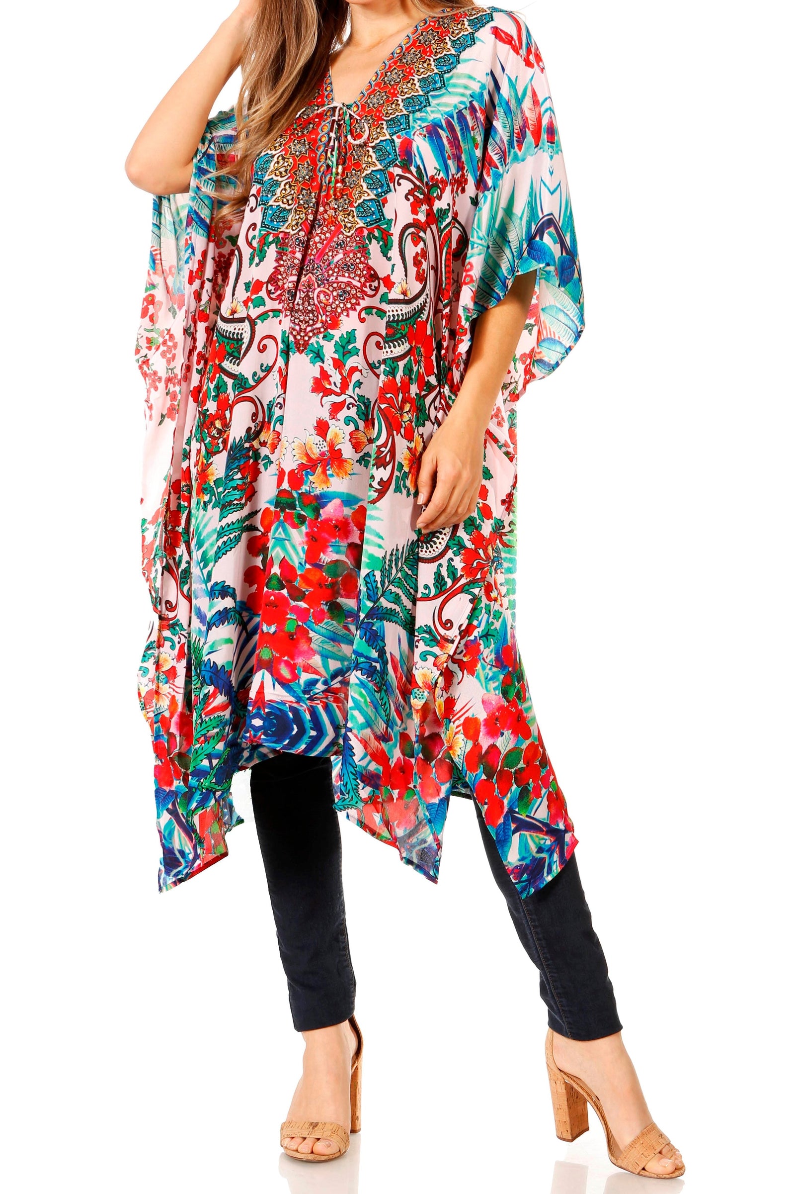Vestido caftán Sakkas Zeni de verano con estampado floral y cuello en V y manga corta para mujer