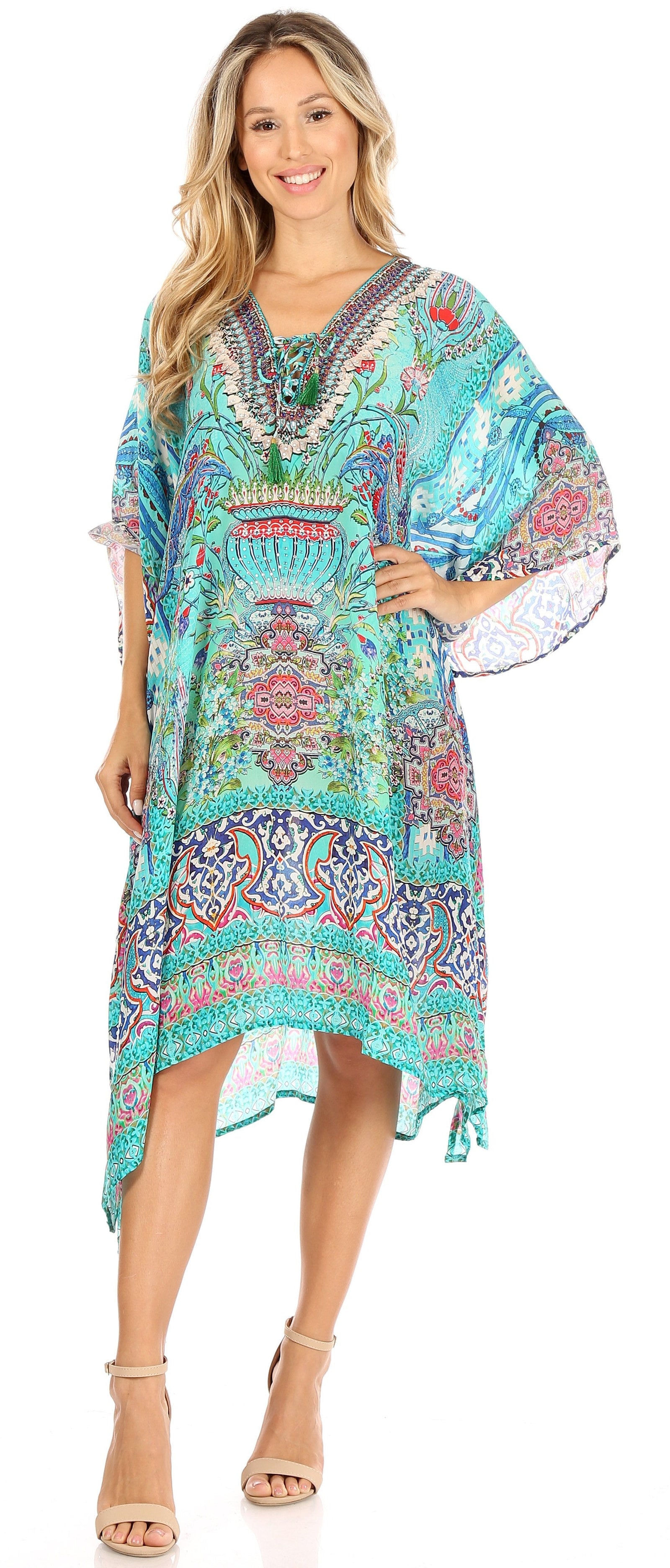 Vestido caftán Sakkas Zeni de verano con estampado floral y cuello en V y manga corta para mujer