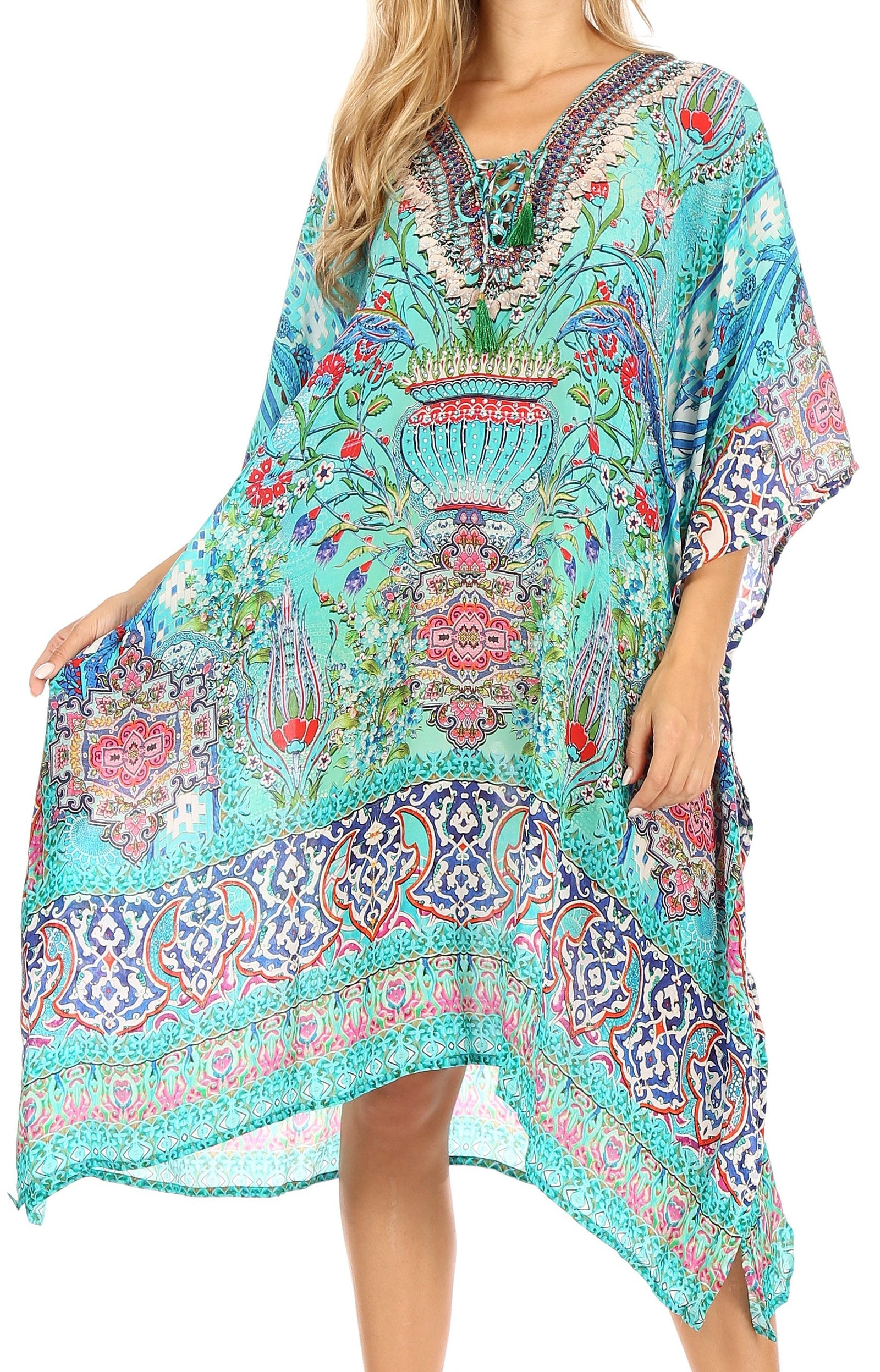 Vestido caftán Sakkas Zeni de verano con estampado floral y cuello en V y manga corta para mujer
