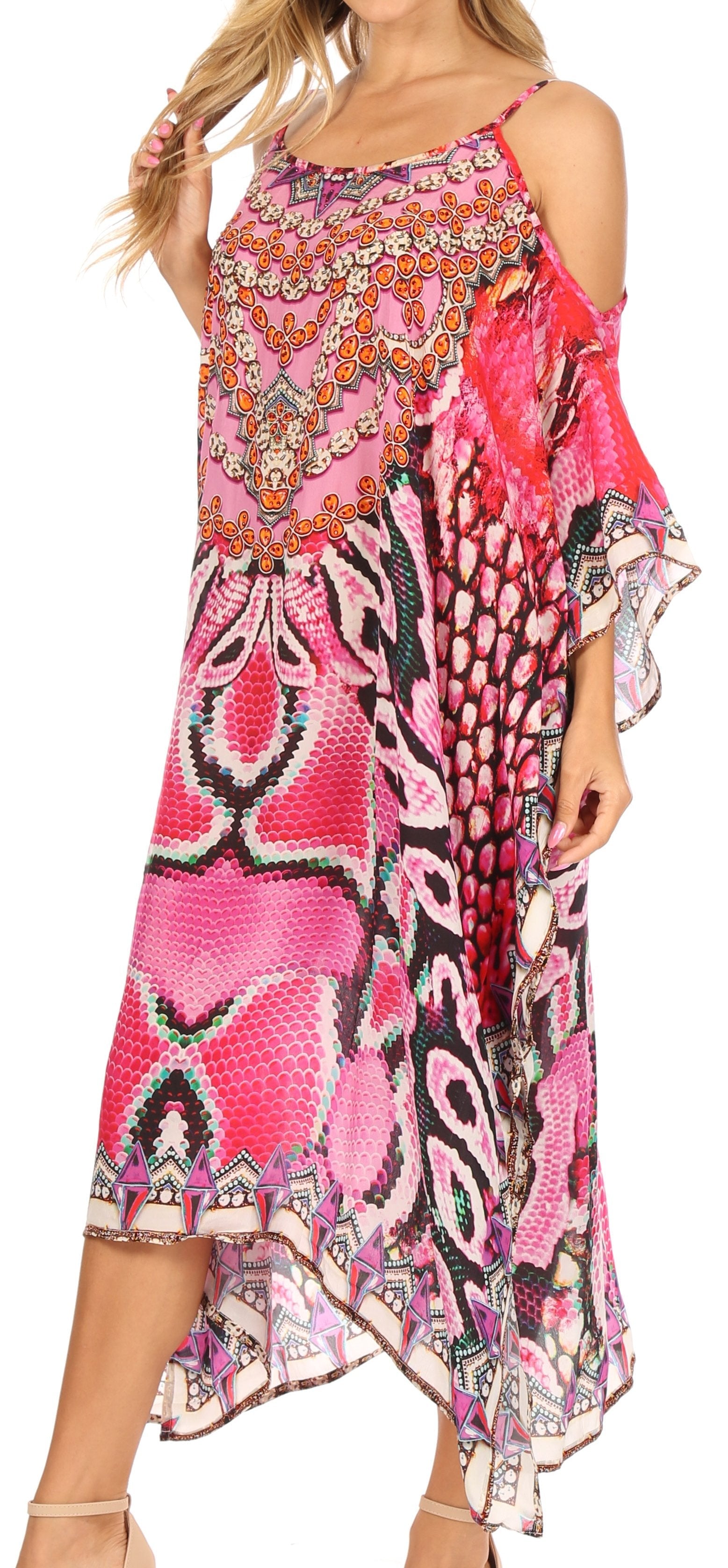 Vestido caftán Sakkas Amaya de corte holgado, largo, estampado, con tirantes y escote barco en los hombros