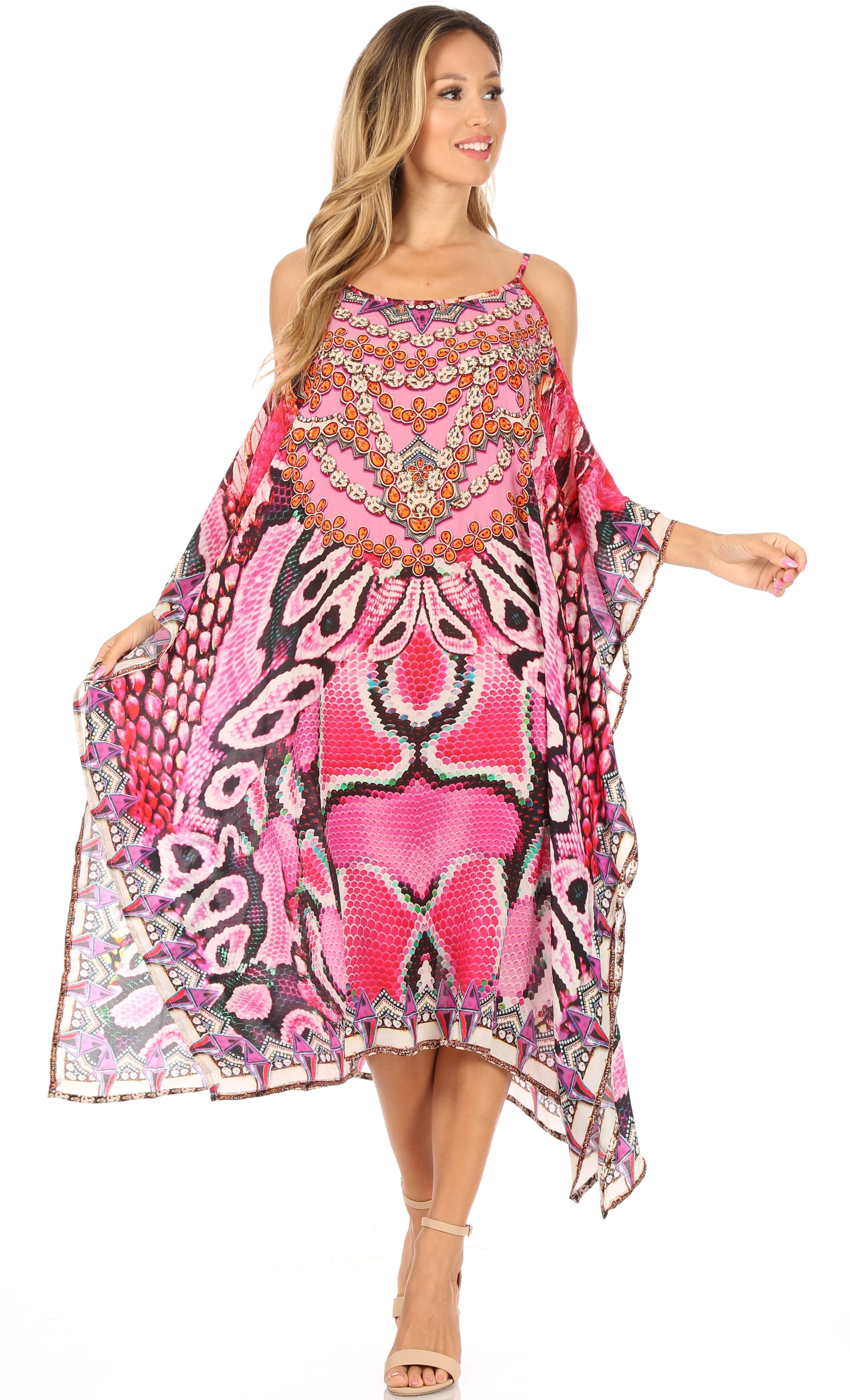 Vestido caftán Sakkas Amaya de corte holgado, largo, estampado, con tirantes y escote barco en los hombros