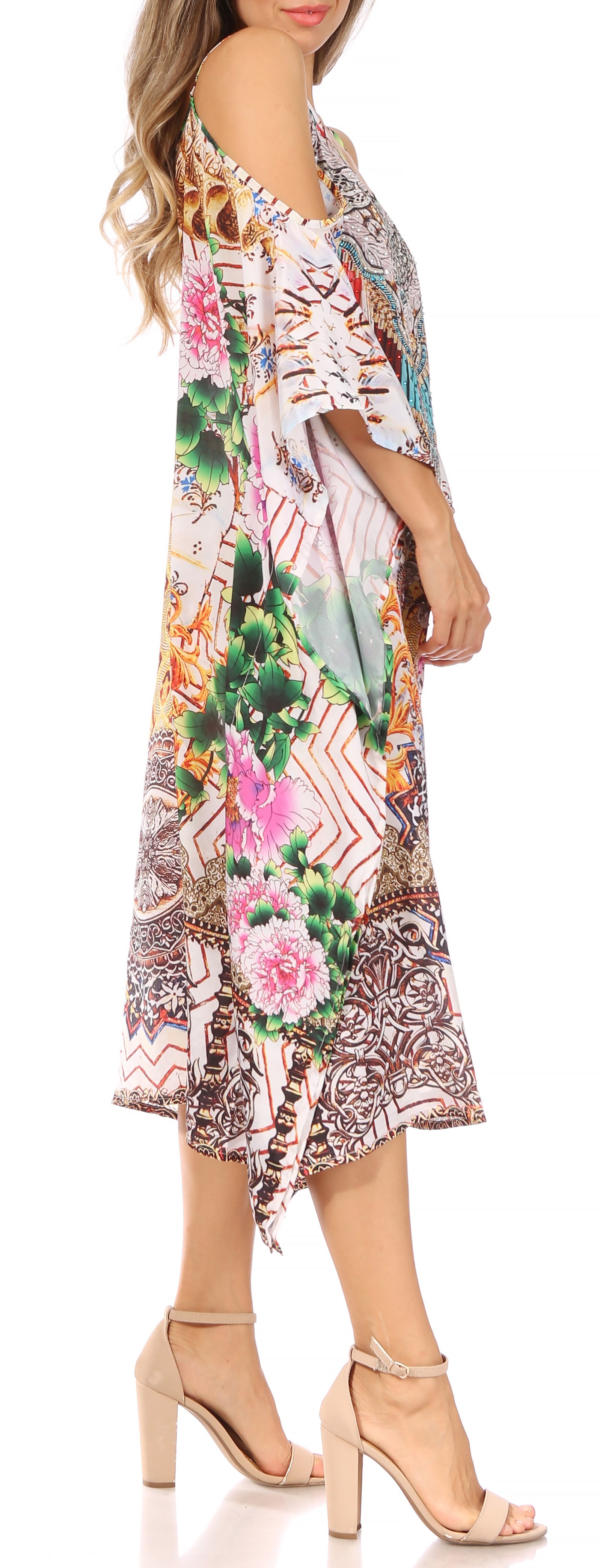 Vestido caftán Sakkas Amaya de corte holgado, largo, estampado, con tirantes y escote barco en los hombros