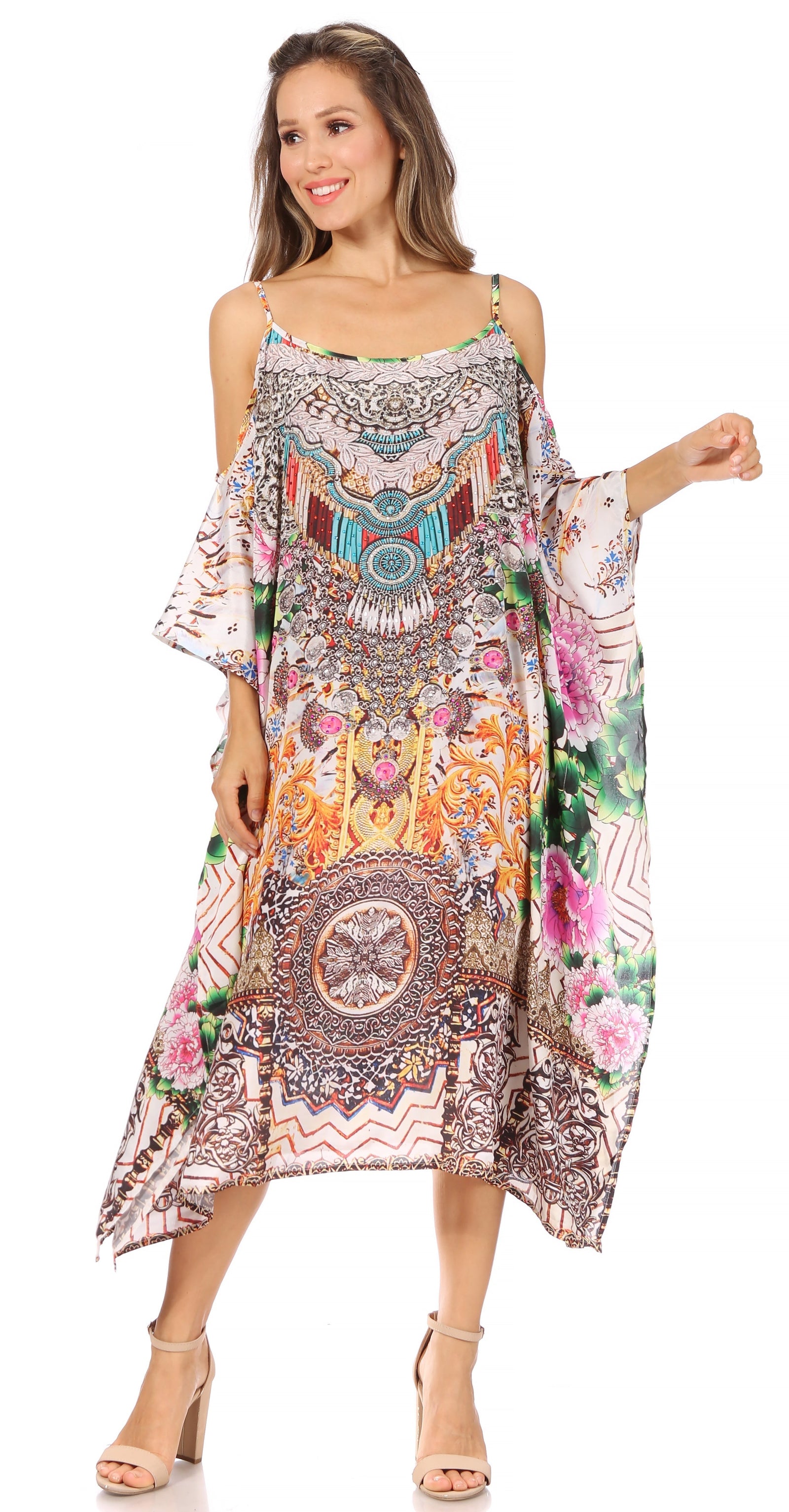 Vestido caftán Sakkas Amaya de corte holgado, largo, estampado, con tirantes y escote barco en los hombros