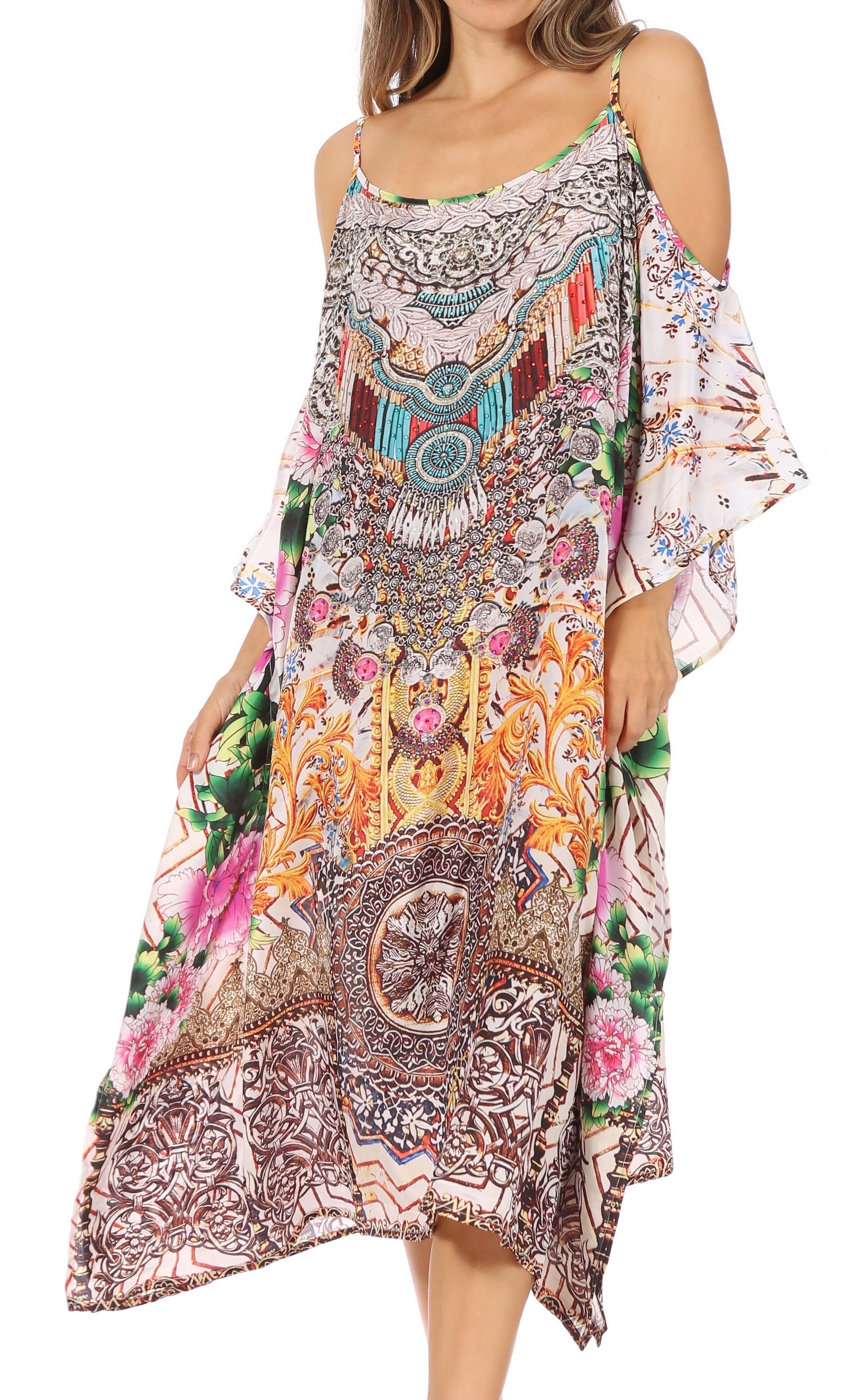 Vestido caftán Sakkas Amaya de corte holgado, largo, estampado, con tirantes y escote barco en los hombros