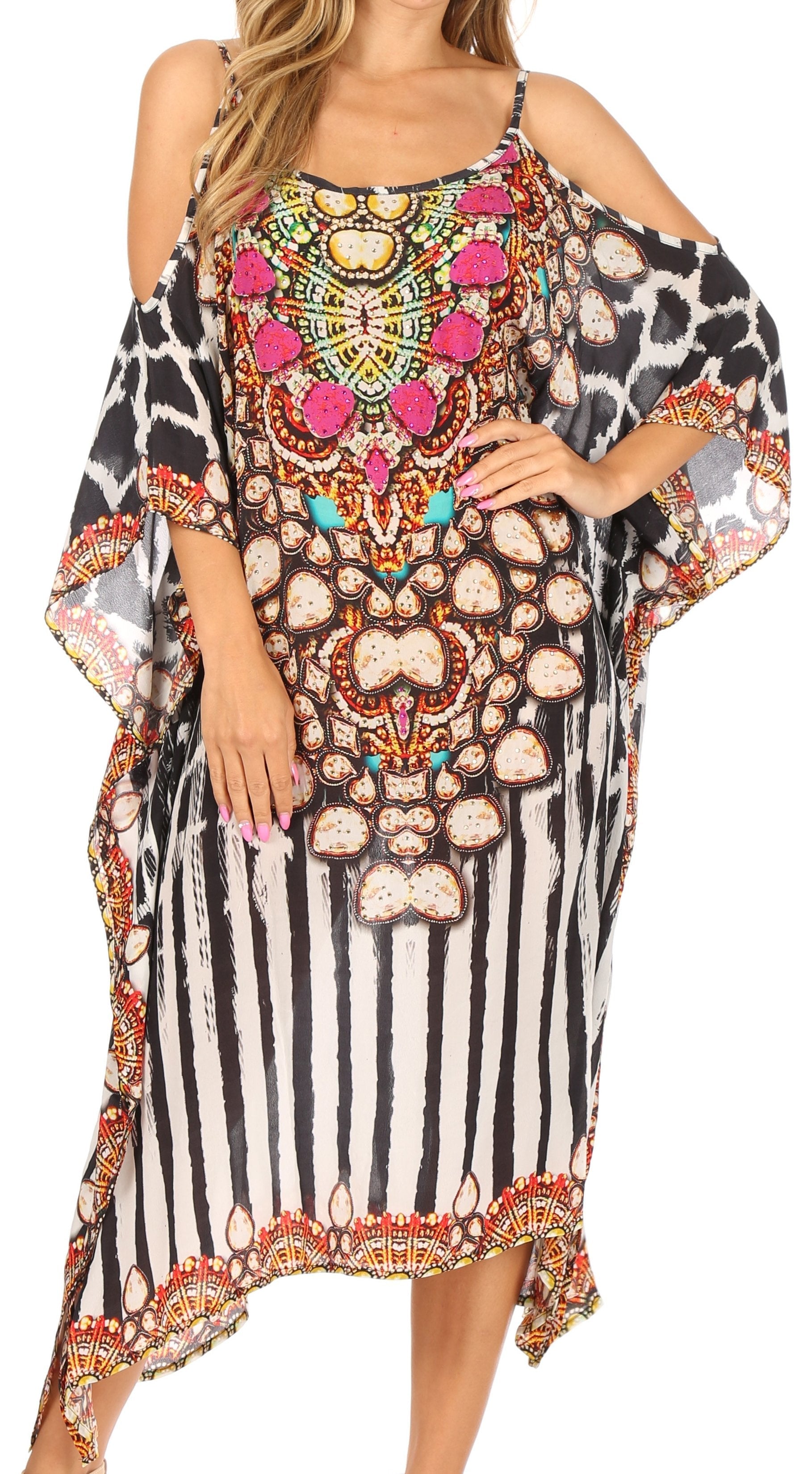 Vestido caftán Sakkas Amaya de corte holgado, largo, estampado, con tirantes y escote barco en los hombros