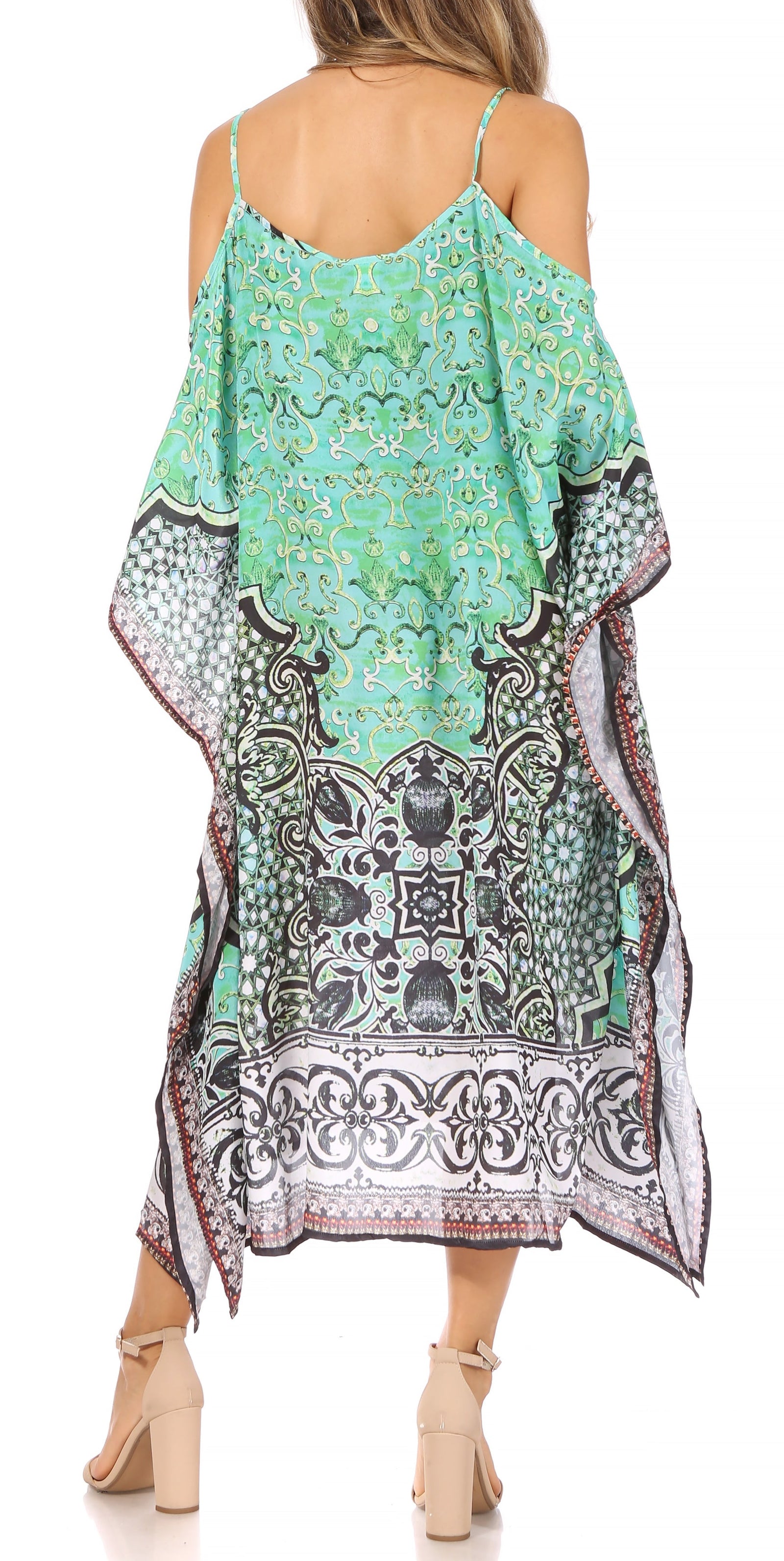 Vestido caftán Sakkas Amaya de corte holgado, largo, estampado, con tirantes y escote barco en los hombros