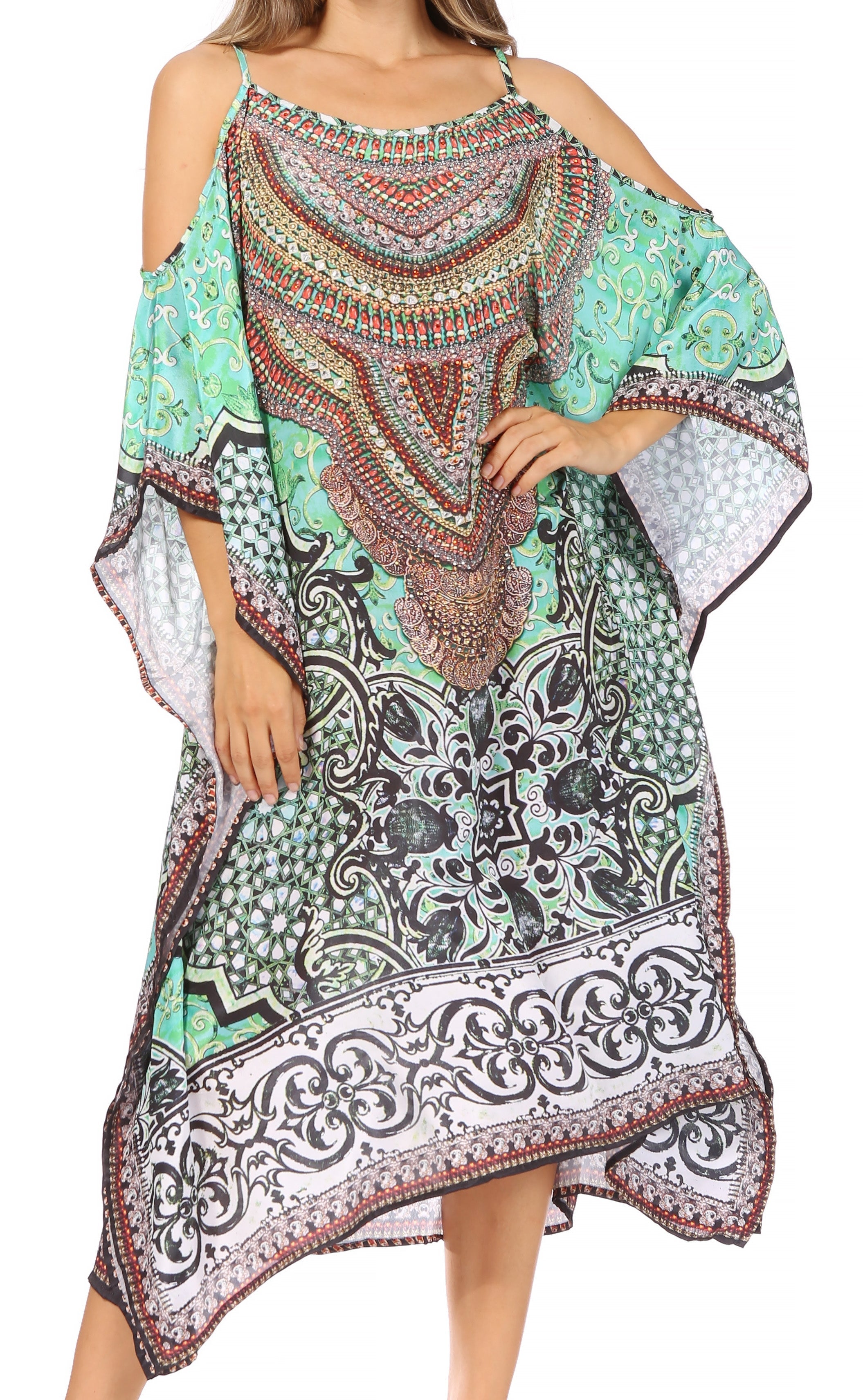 Vestido caftán Sakkas Amaya de corte holgado, largo, estampado, con tirantes y escote barco en los hombros