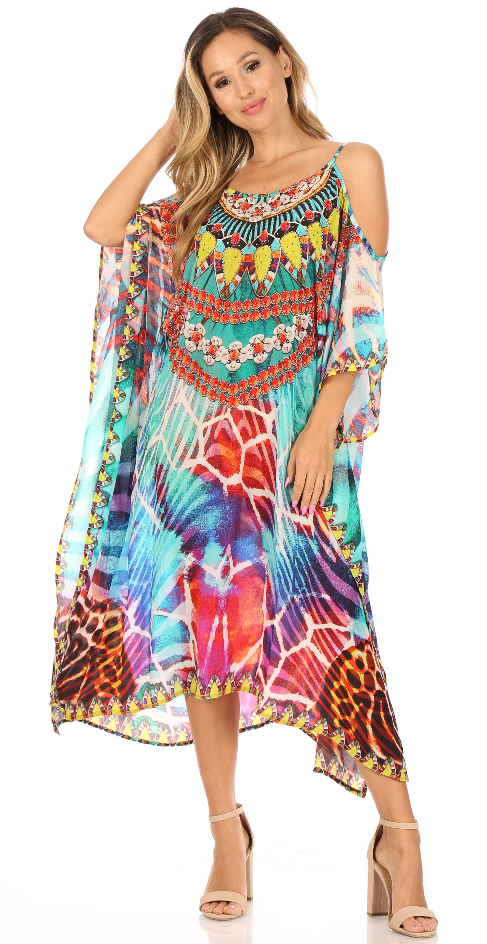 Vestido caftán Sakkas Amaya de corte holgado, largo, estampado, con tirantes y escote barco en los hombros