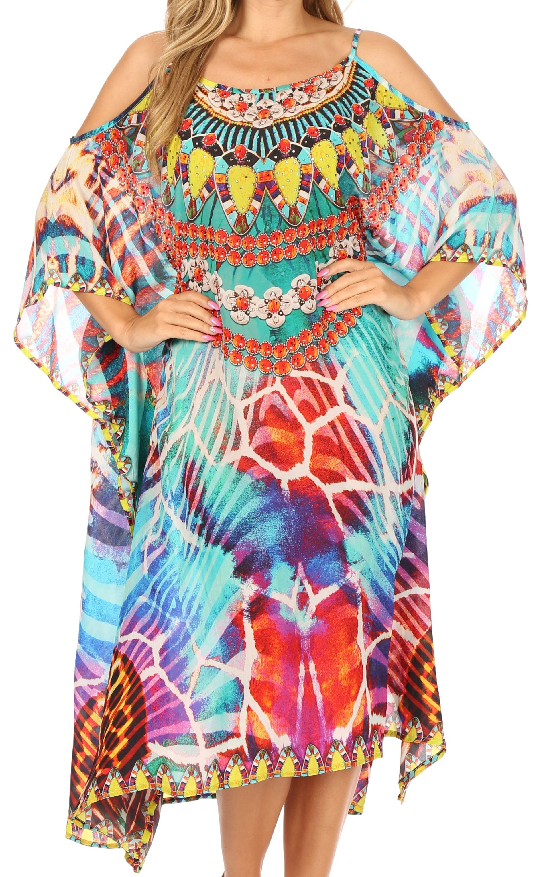 Vestido caftán Sakkas Amaya de corte holgado, largo, estampado, con tirantes y escote barco en los hombros
