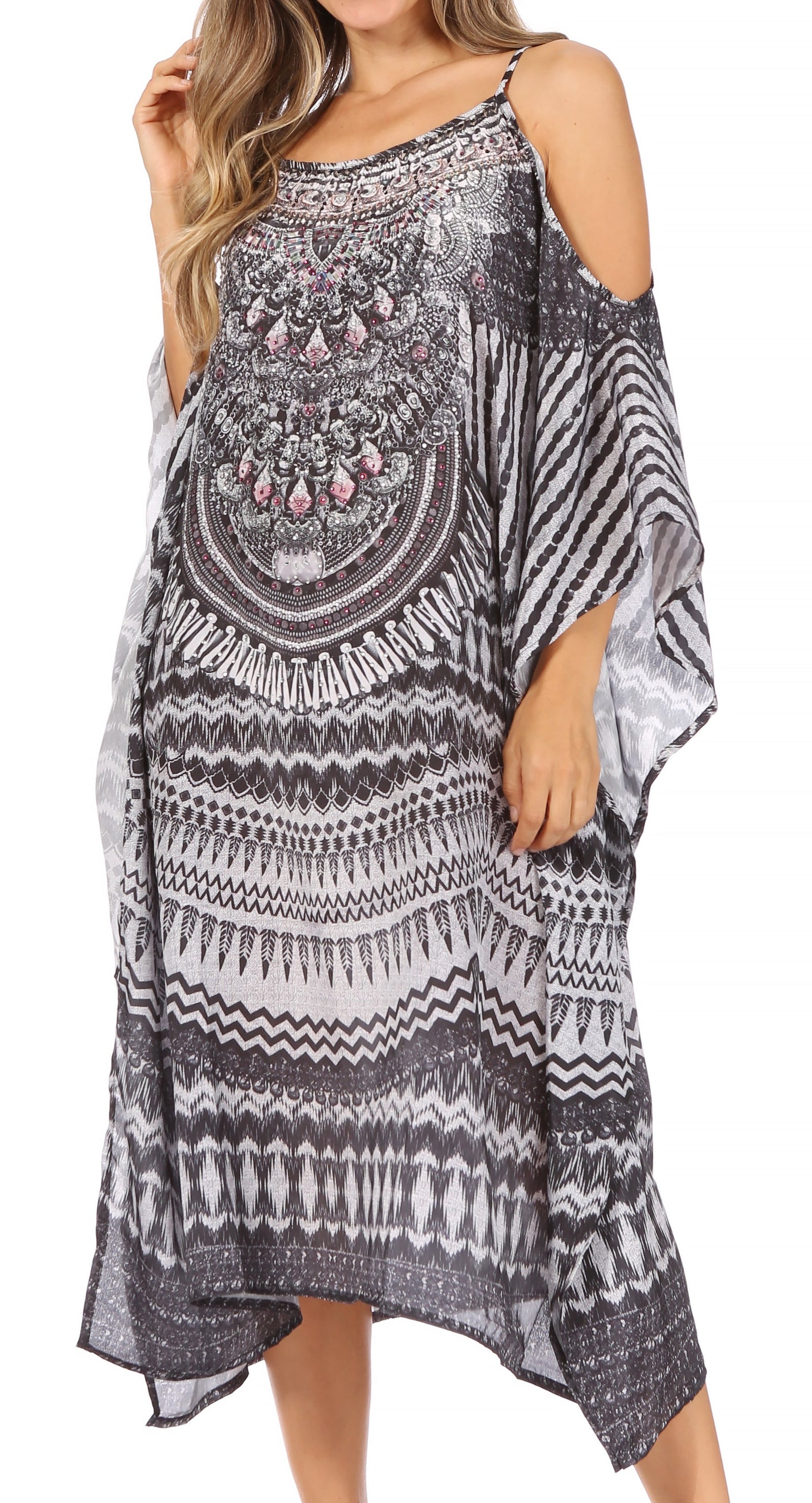 Vestido caftán Sakkas Amaya de corte holgado, largo, estampado, con tirantes y escote barco en los hombros