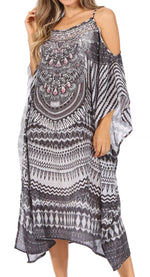 Vestido caftán Sakkas Amaya de corte holgado, largo, estampado, con tirantes y escote barco en los hombros