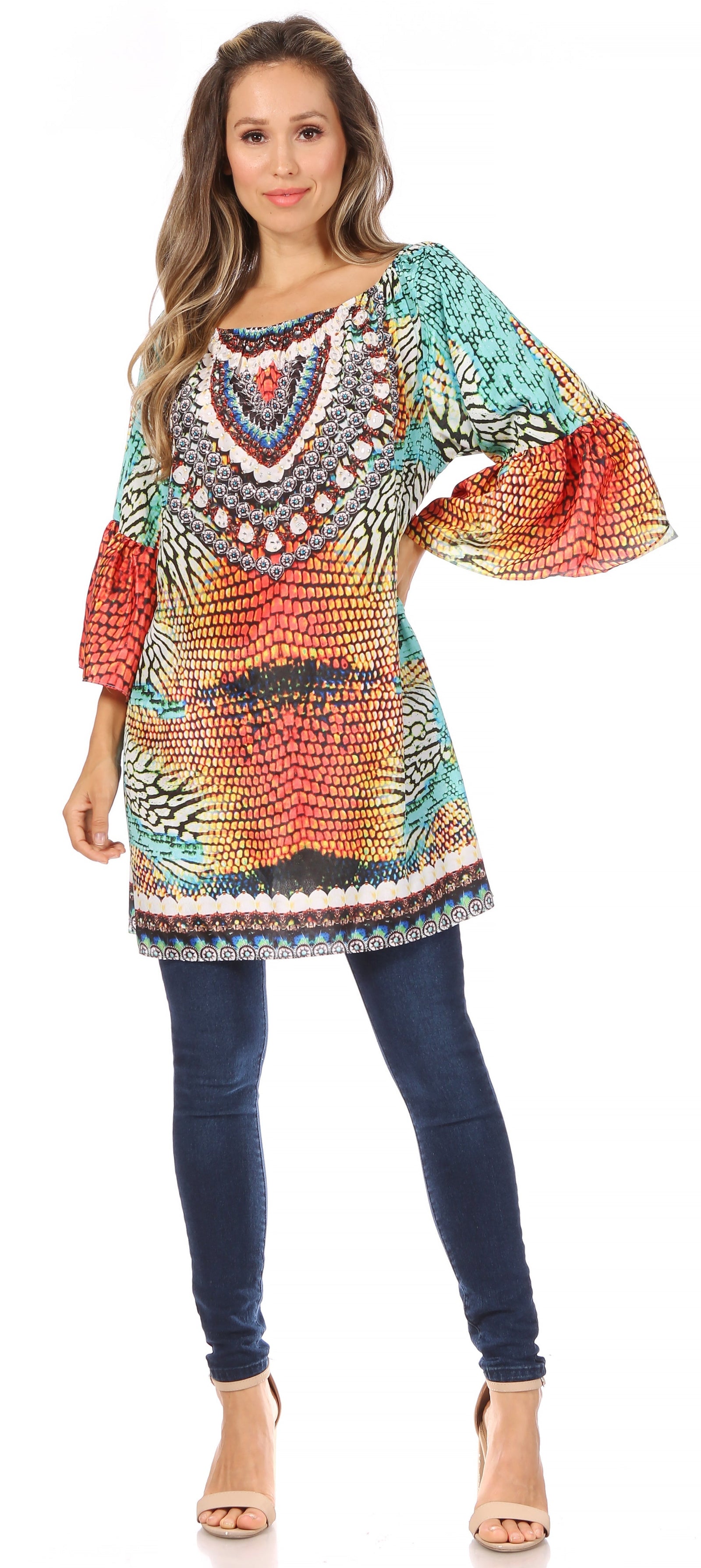 Vestido túnica Sakkas Inna con mangas acampanadas y pedrería