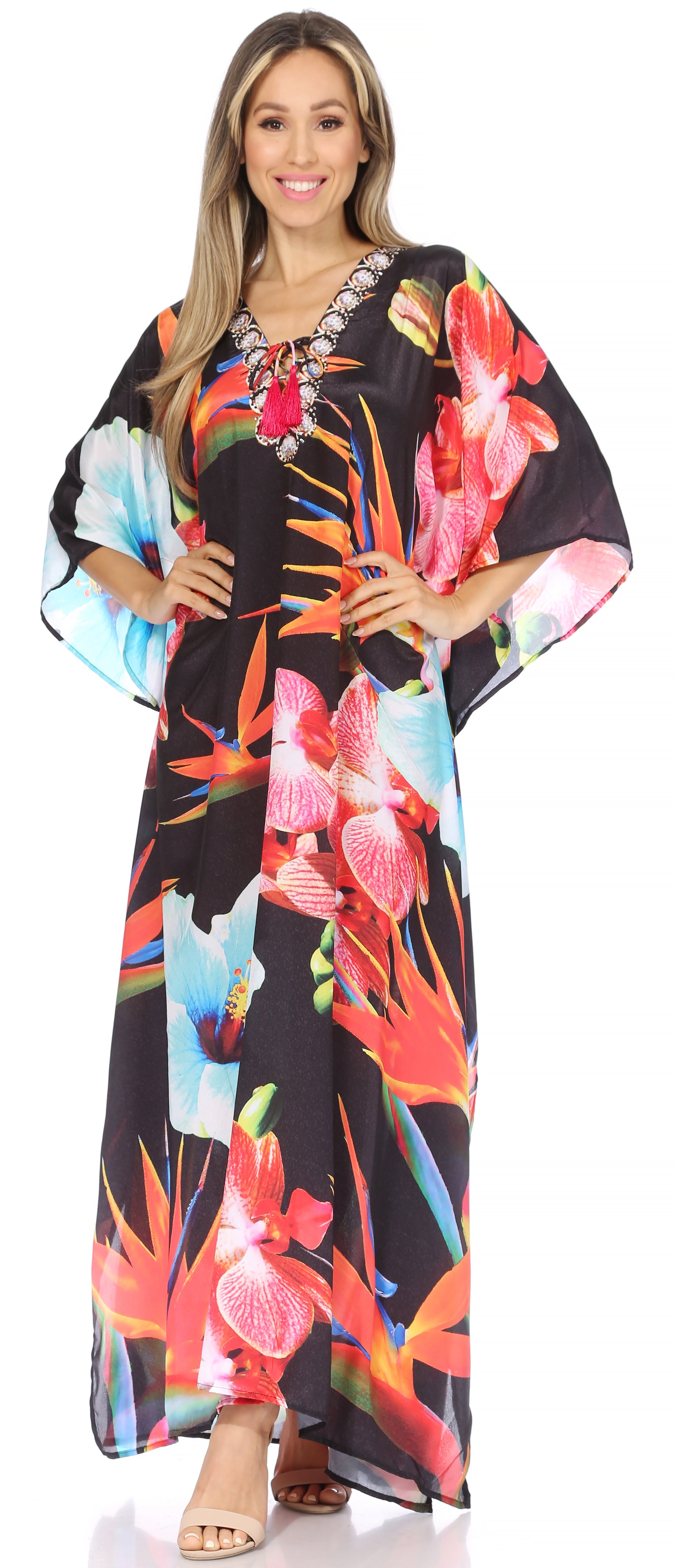 Vestido caftán largo Sakkas Georgettina con escote en V y cristales fluidos