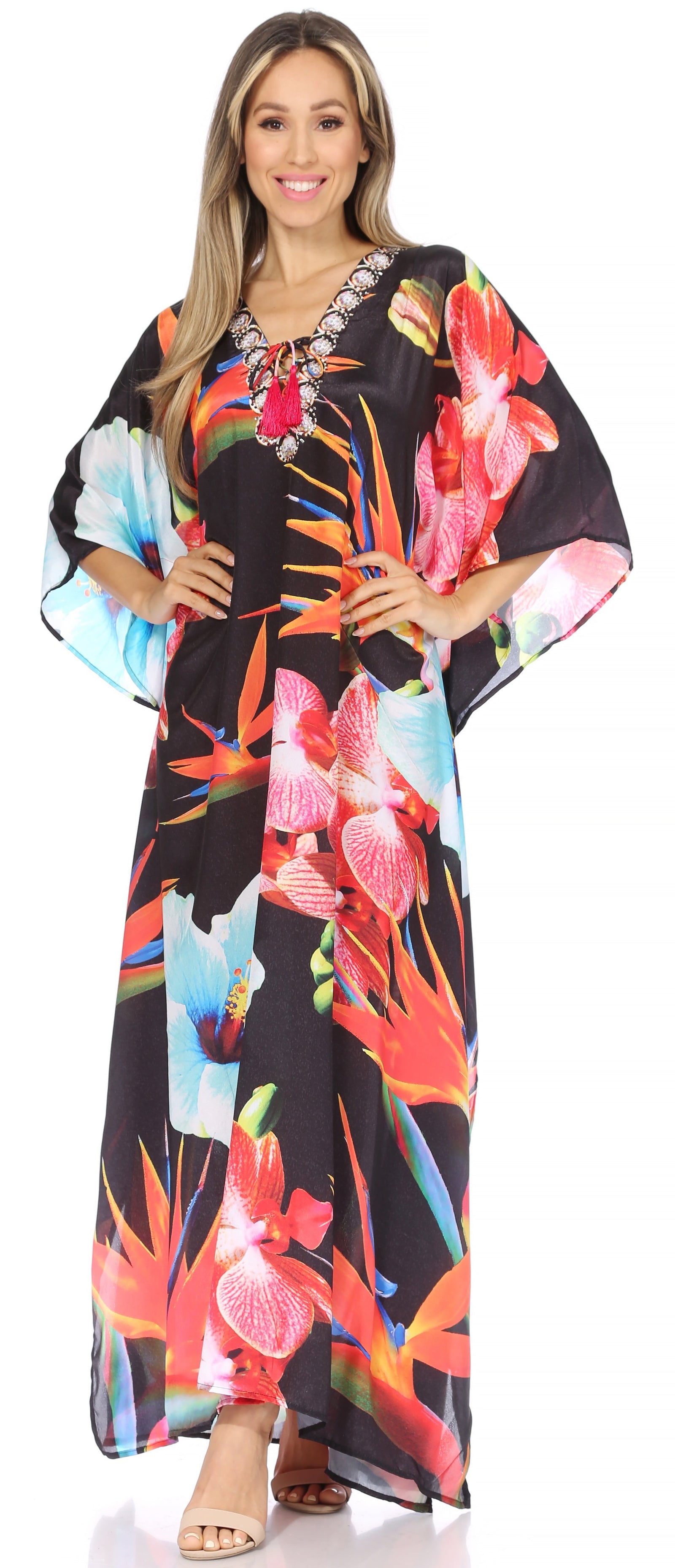 Vestido caftán largo Sakkas Georgettina con escote en V y cristales fluidos