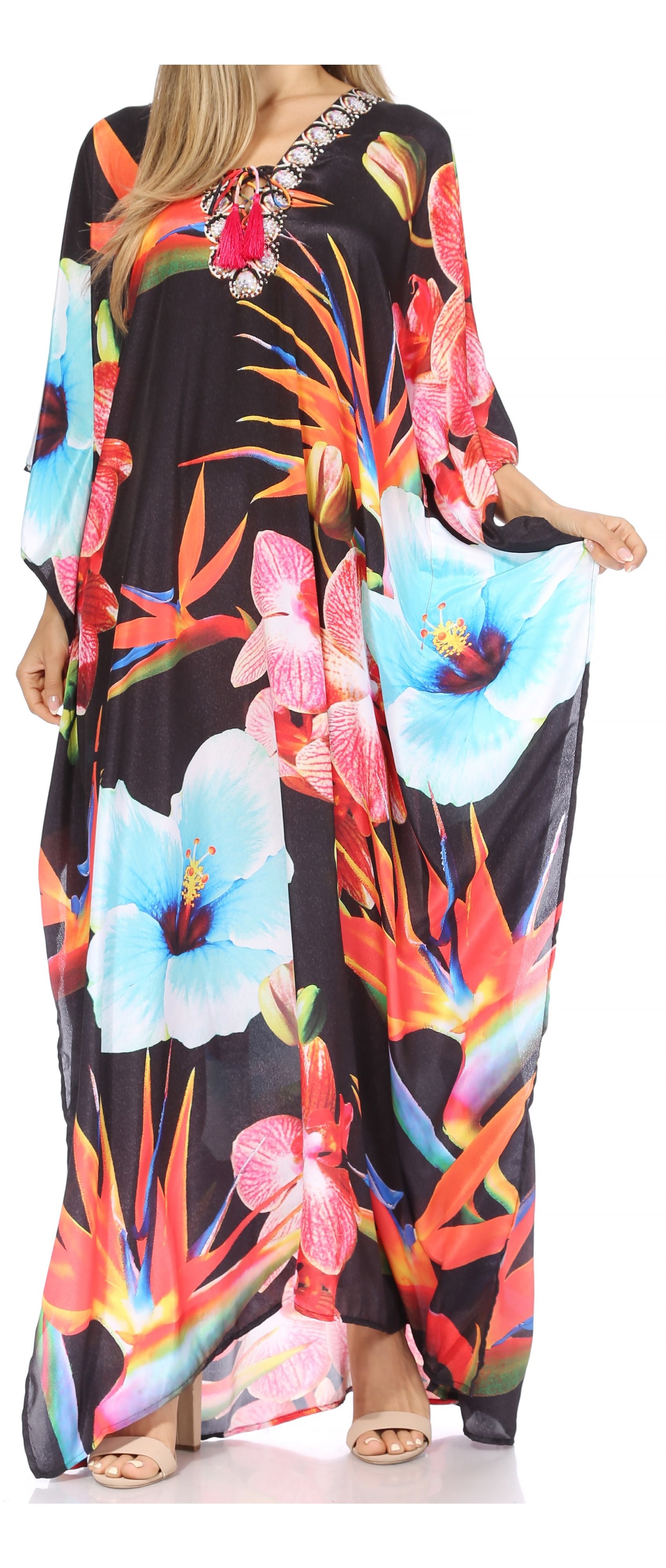 Vestido caftán largo Sakkas Georgettina con escote en V y cristales fluidos