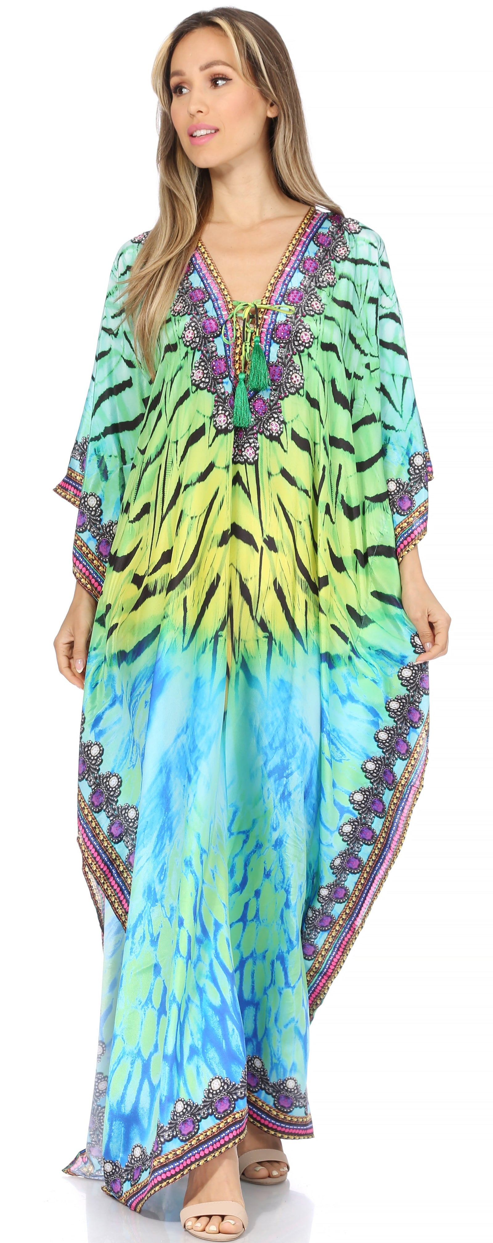 Vestido caftán largo Sakkas Georgettina con escote en V y cristales fluidos