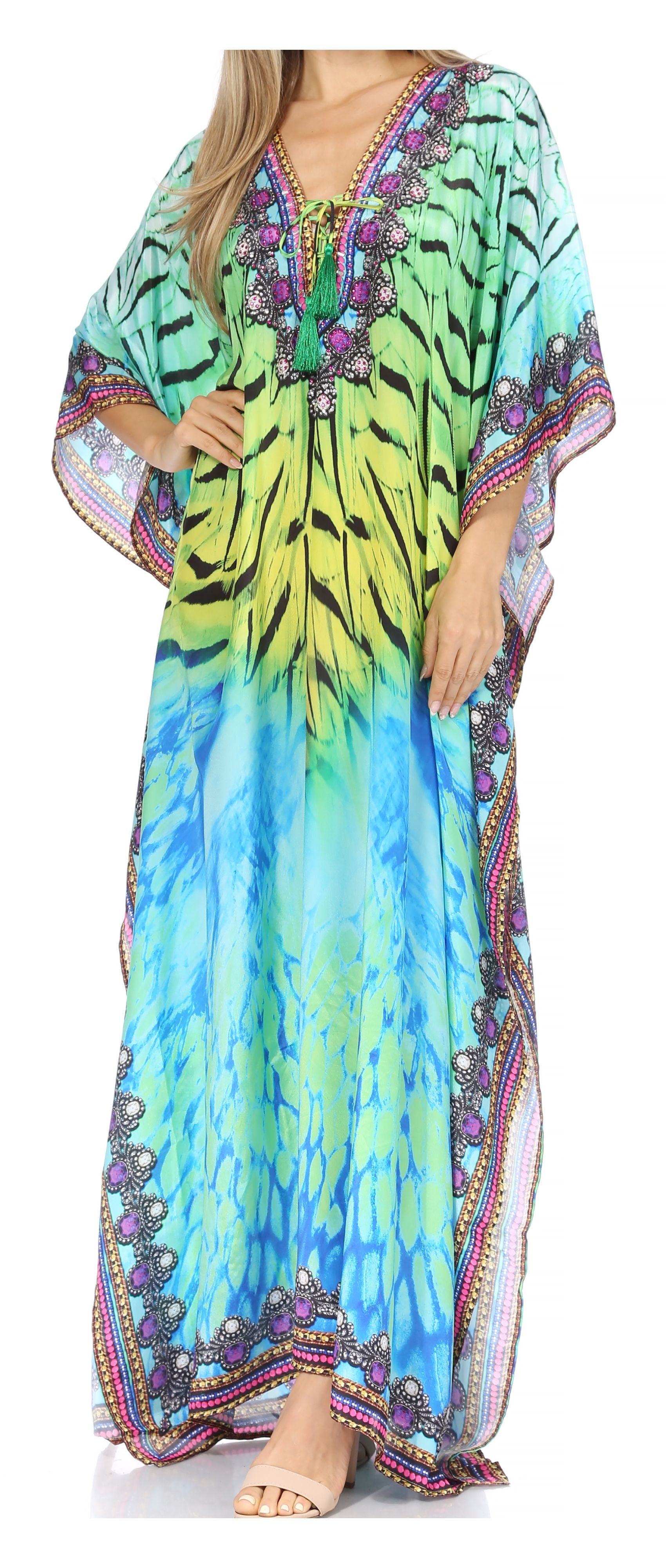 Vestido caftán largo Sakkas Georgettina con escote en V y cristales fluidos