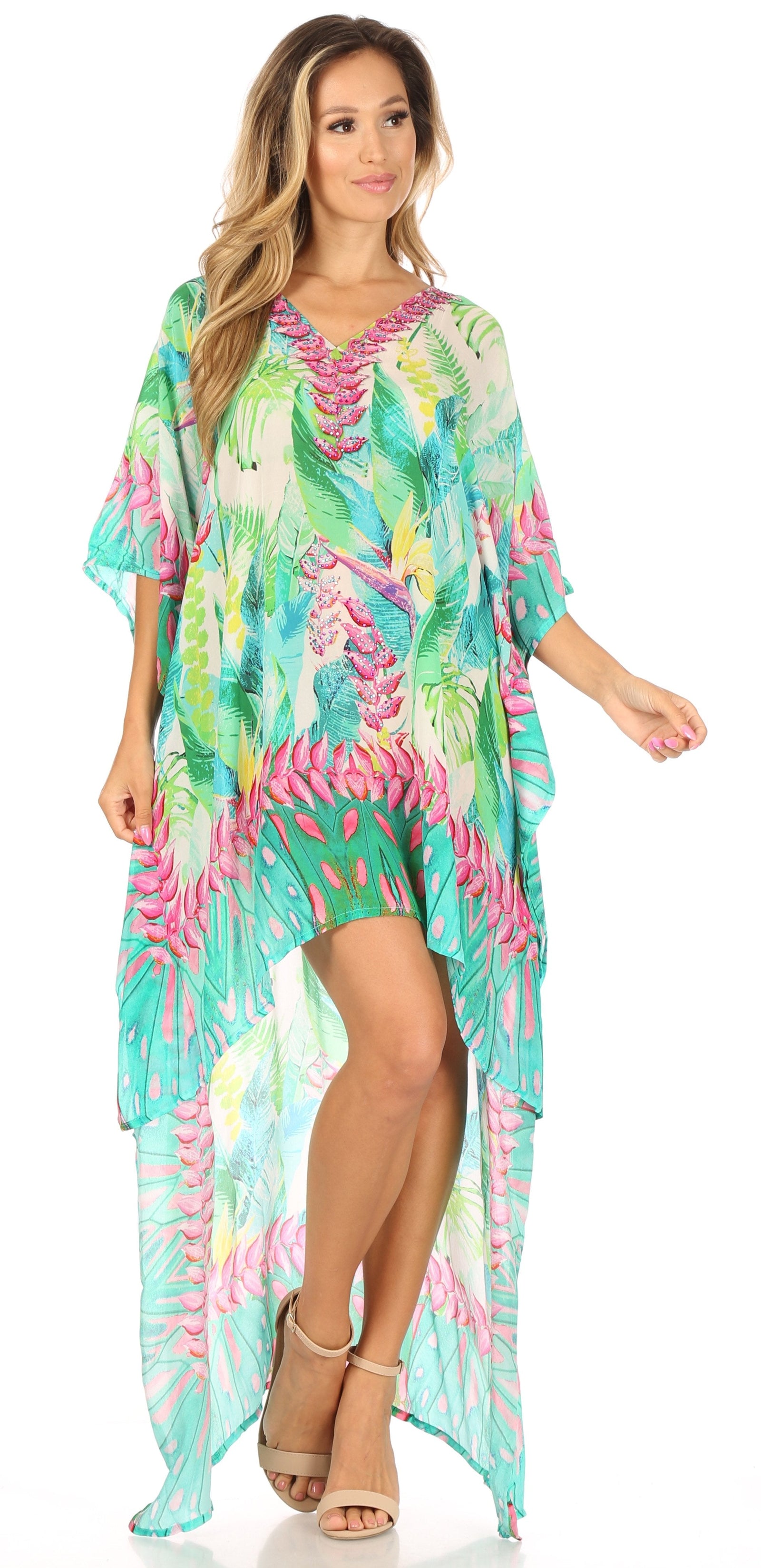 Vestido Sakkas Laisson Flowy Hi-Lo Caftán con diamantes de imitación, cuello en V, corte cuadrado, para cubrir la parte superior