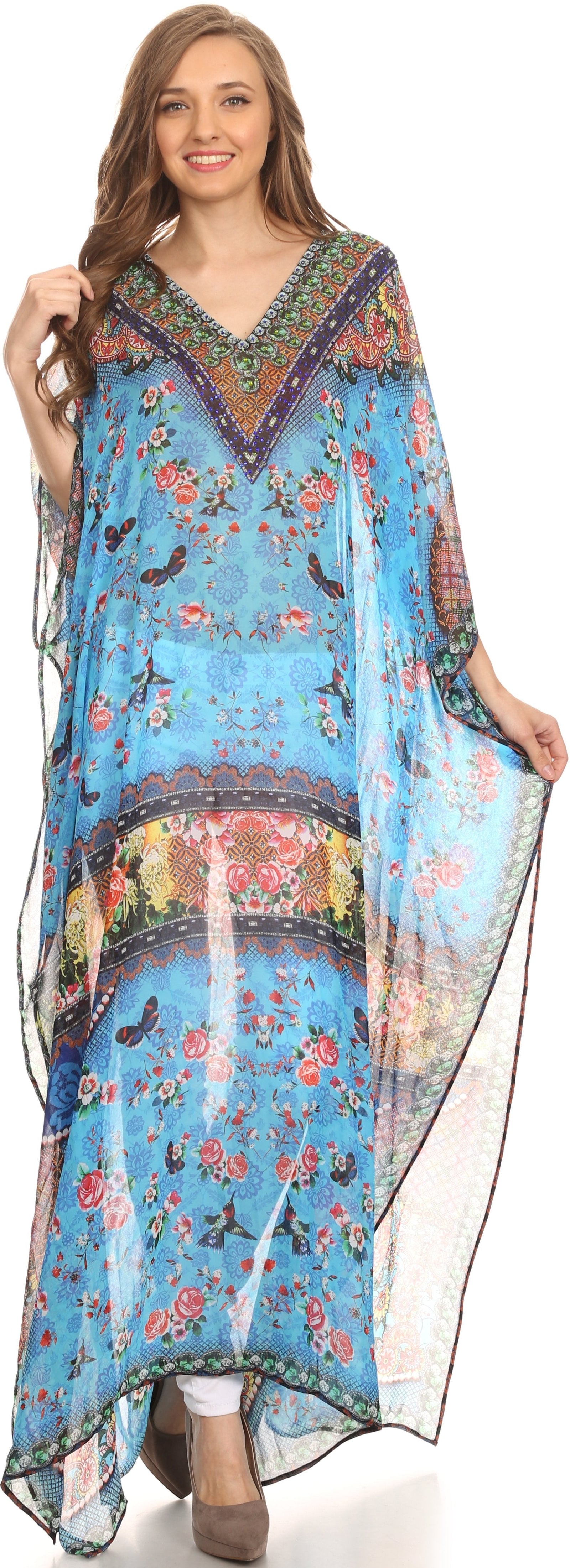 Vestido caftán largo con diseño estampado Wilder de Sakkas y cristales transparentes.