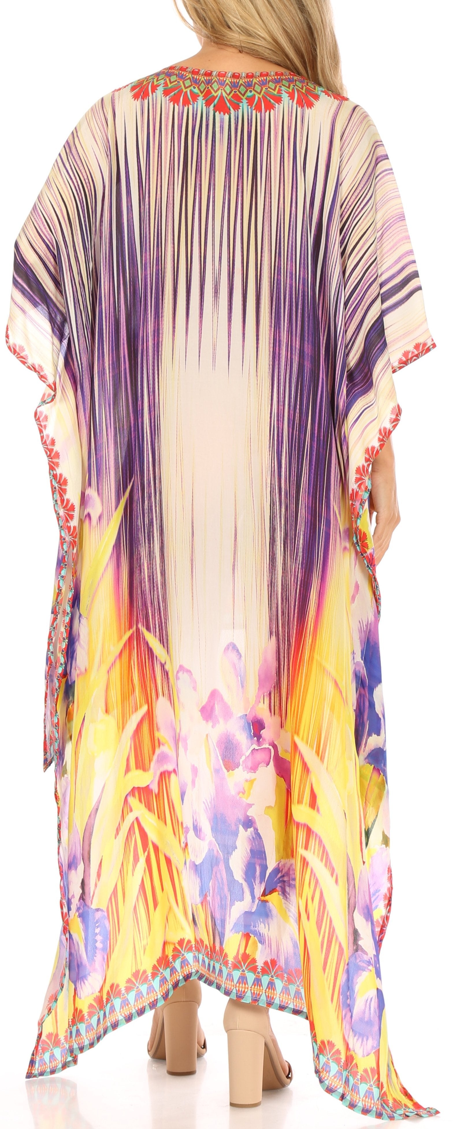 Vestido Sakkas Laisson Flowy Hi-Lo Caftán con diamantes de imitación, cuello en V, corte cuadrado, para cubrir la parte superior