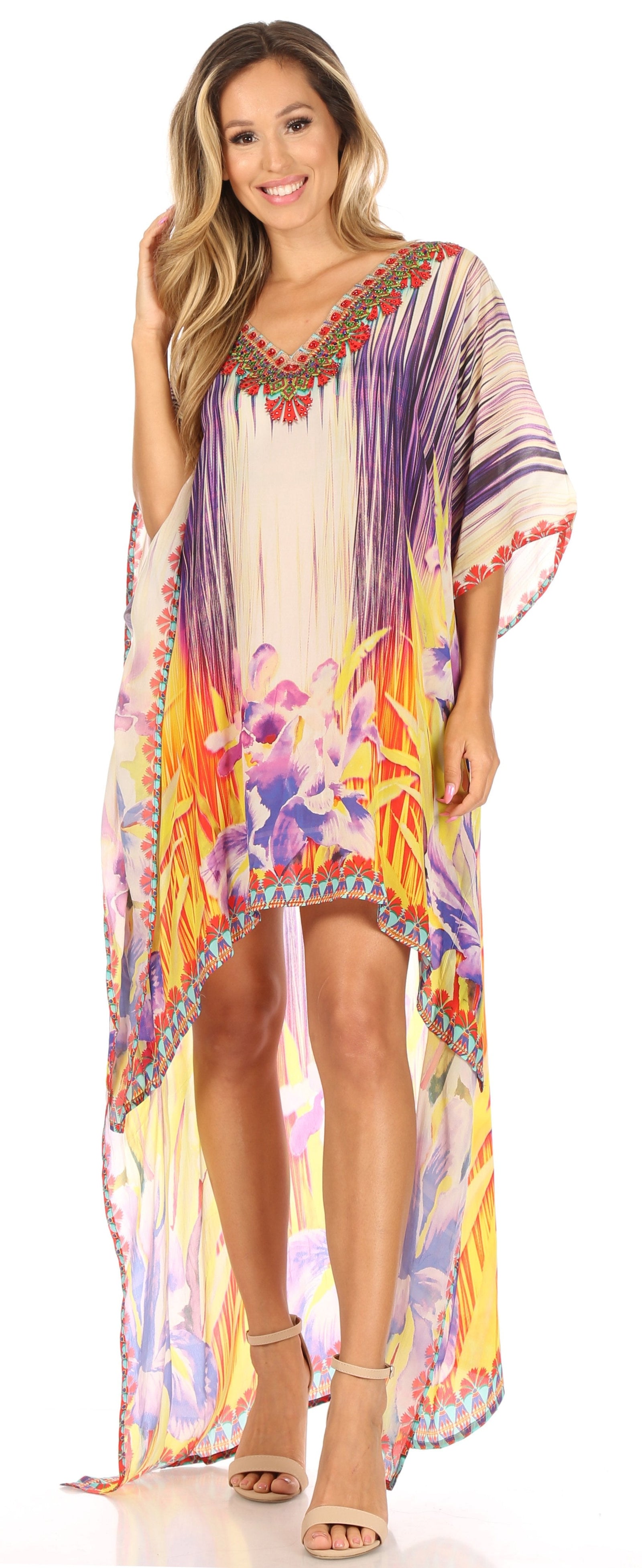 Vestido Sakkas Laisson Flowy Hi-Lo Caftán con diamantes de imitación, cuello en V, corte cuadrado, para cubrir la parte superior