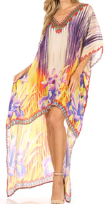 Vestido Sakkas Laisson Flowy Hi-Lo Caftán con diamantes de imitación, cuello en V, corte cuadrado, para cubrir la parte superior