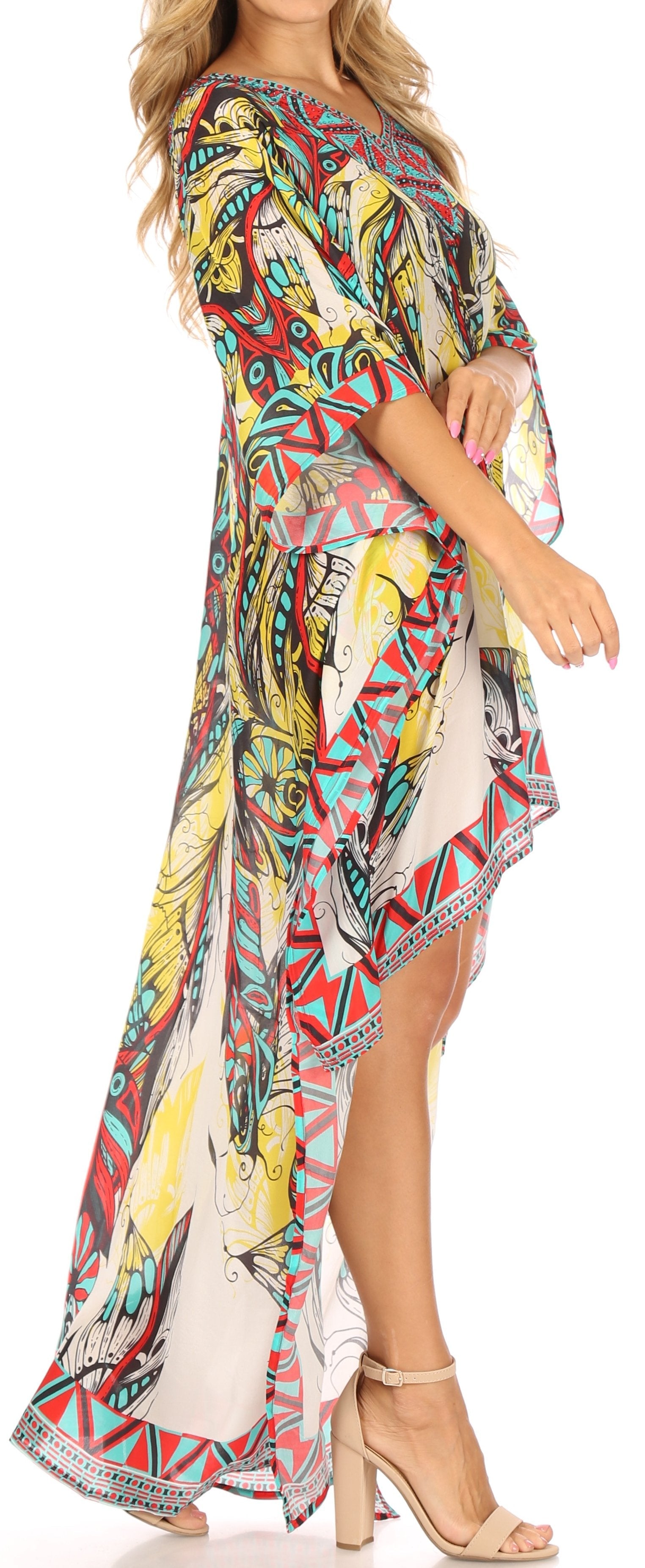 Vestido Sakkas Laisson Flowy Hi-Lo Caftán con diamantes de imitación, cuello en V, corte cuadrado, para cubrir la parte superior
