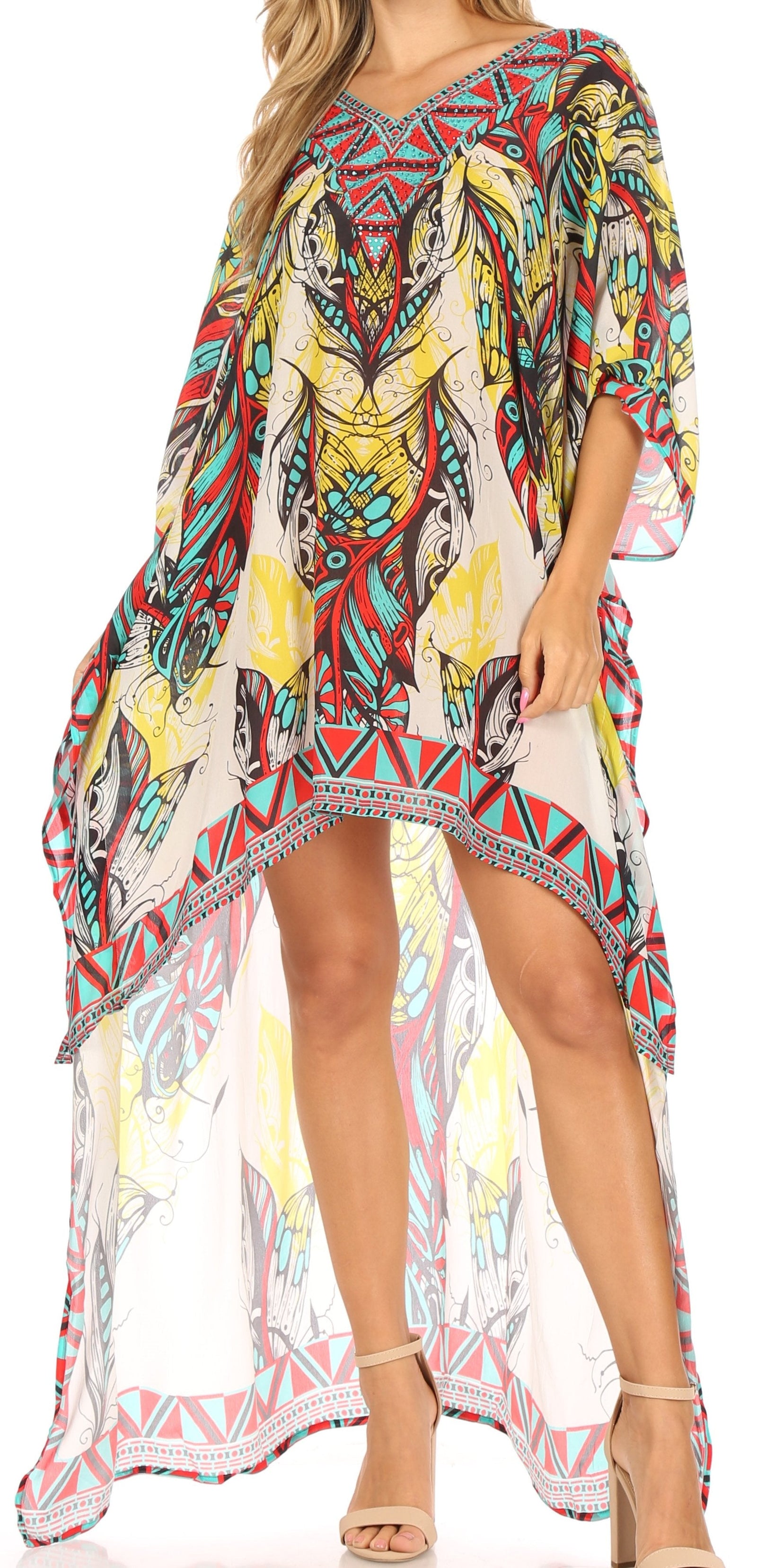Vestido Sakkas Laisson Flowy Hi-Lo Caftán con diamantes de imitación, cuello en V, corte cuadrado, para cubrir la parte superior