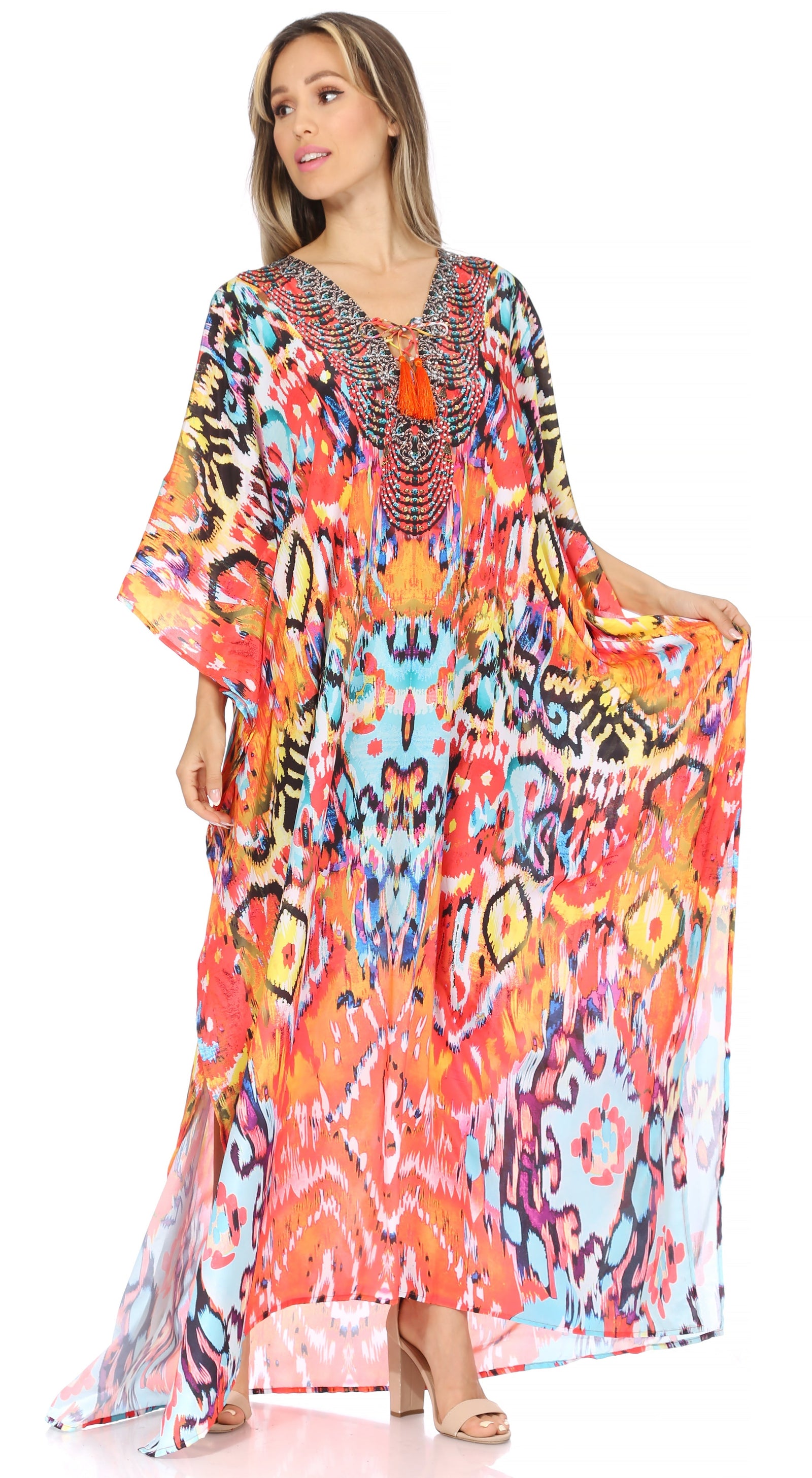 Vestido caftán largo Sakkas Georgettina con escote en V y cristales fluidos