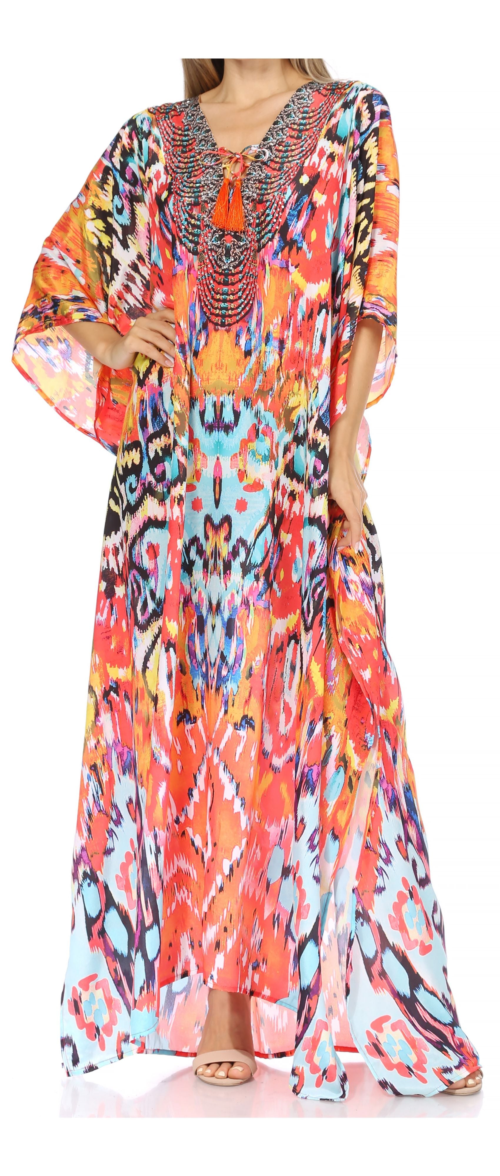 Vestido caftán largo Sakkas Georgettina con escote en V y cristales fluidos