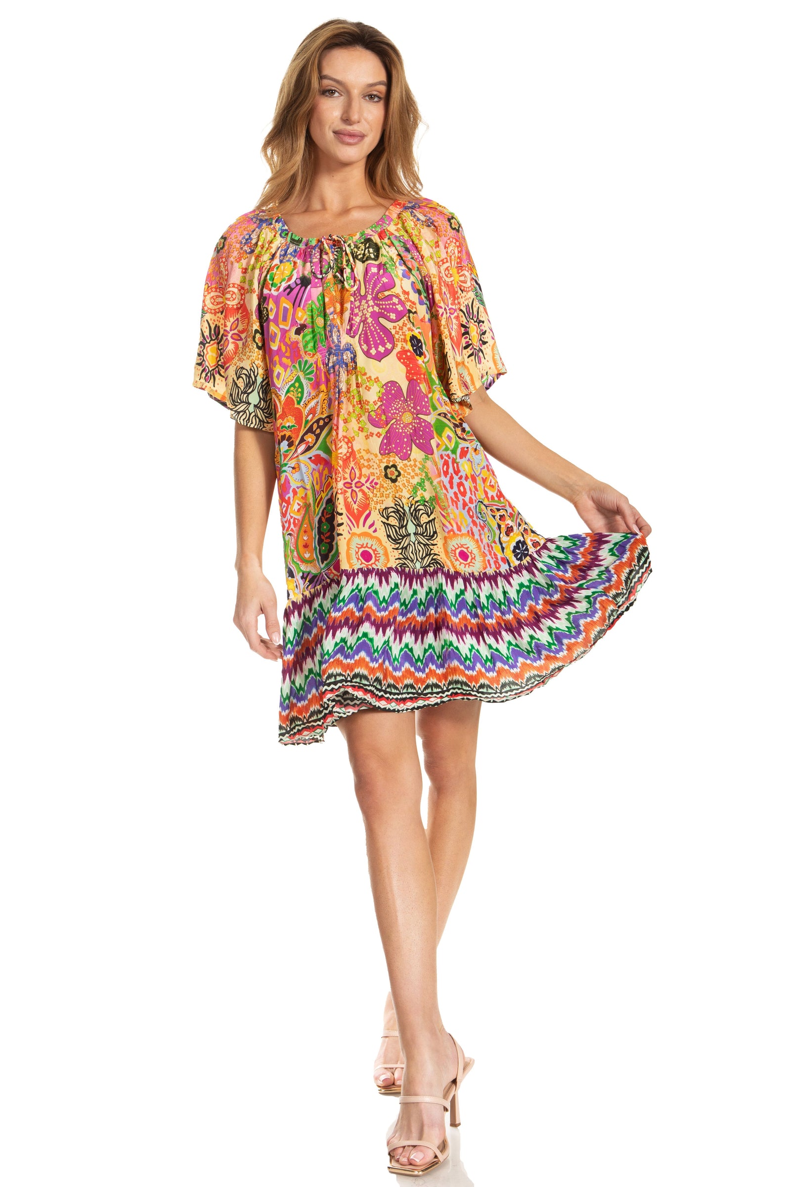 Vestido bohemio de verano informal con estampado floral de manga corta para cóctel de Sakkas Eliza para mujer