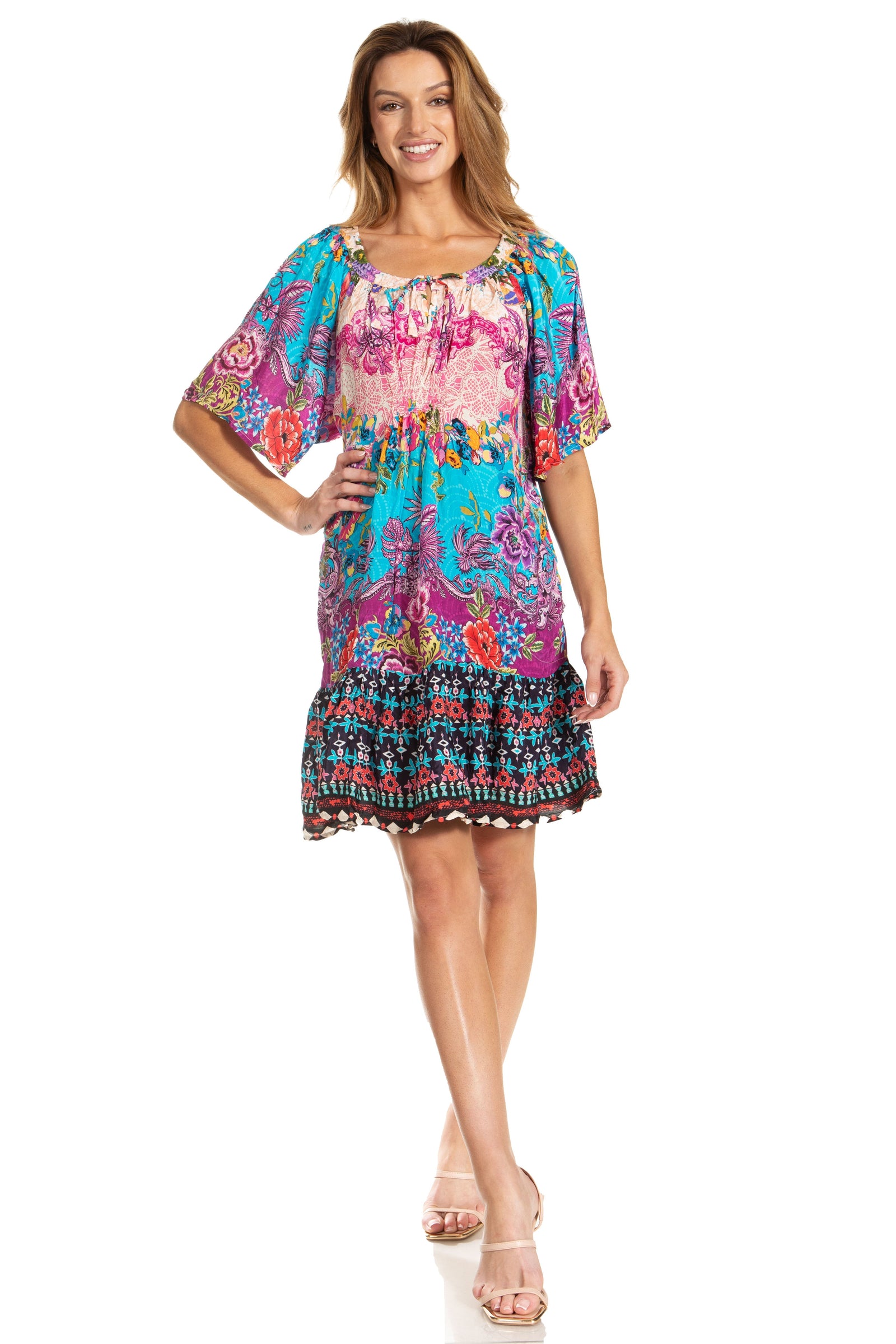 Vestido bohemio de verano informal con estampado floral de manga corta para cóctel de Sakkas Eliza para mujer