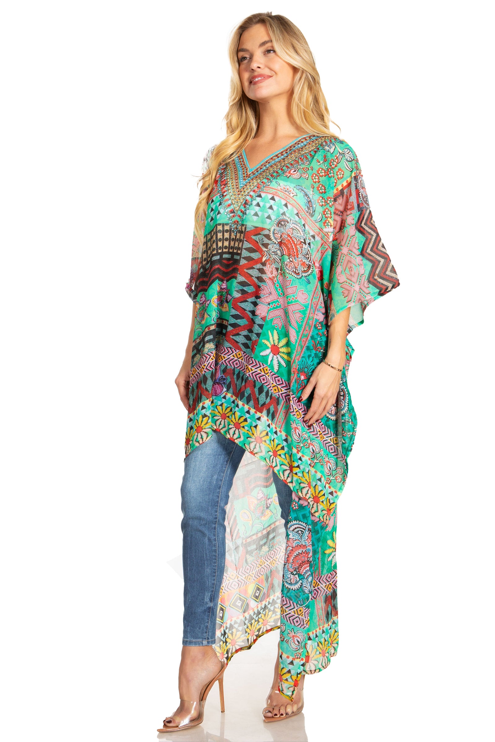 Sakkas Zeke Hi Low V-Neck Caftan Dress Printed Top Cover / Up