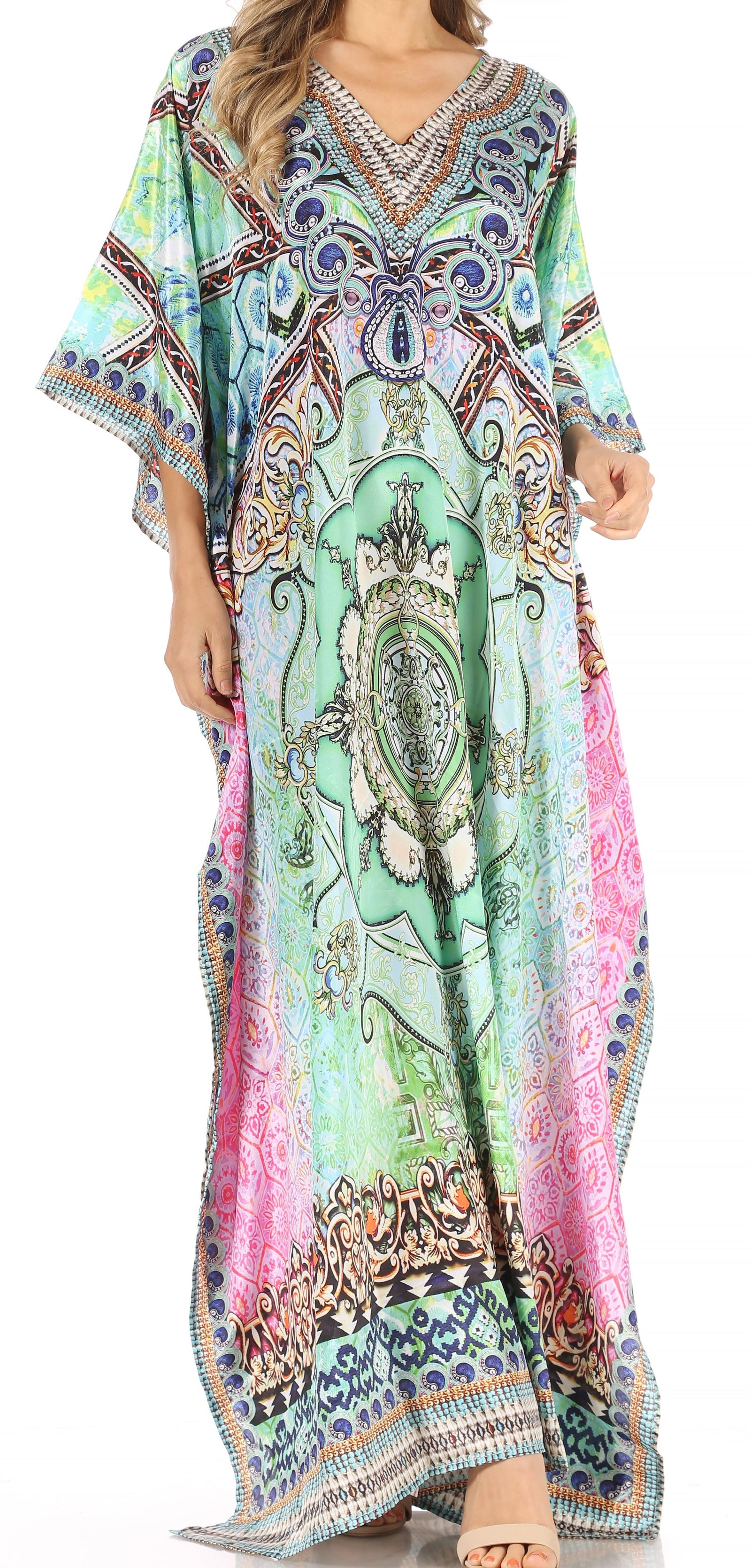 Vestido caftán largo con escote en V y diseño fluido Anahi de Sakkas con diamantes de imitación