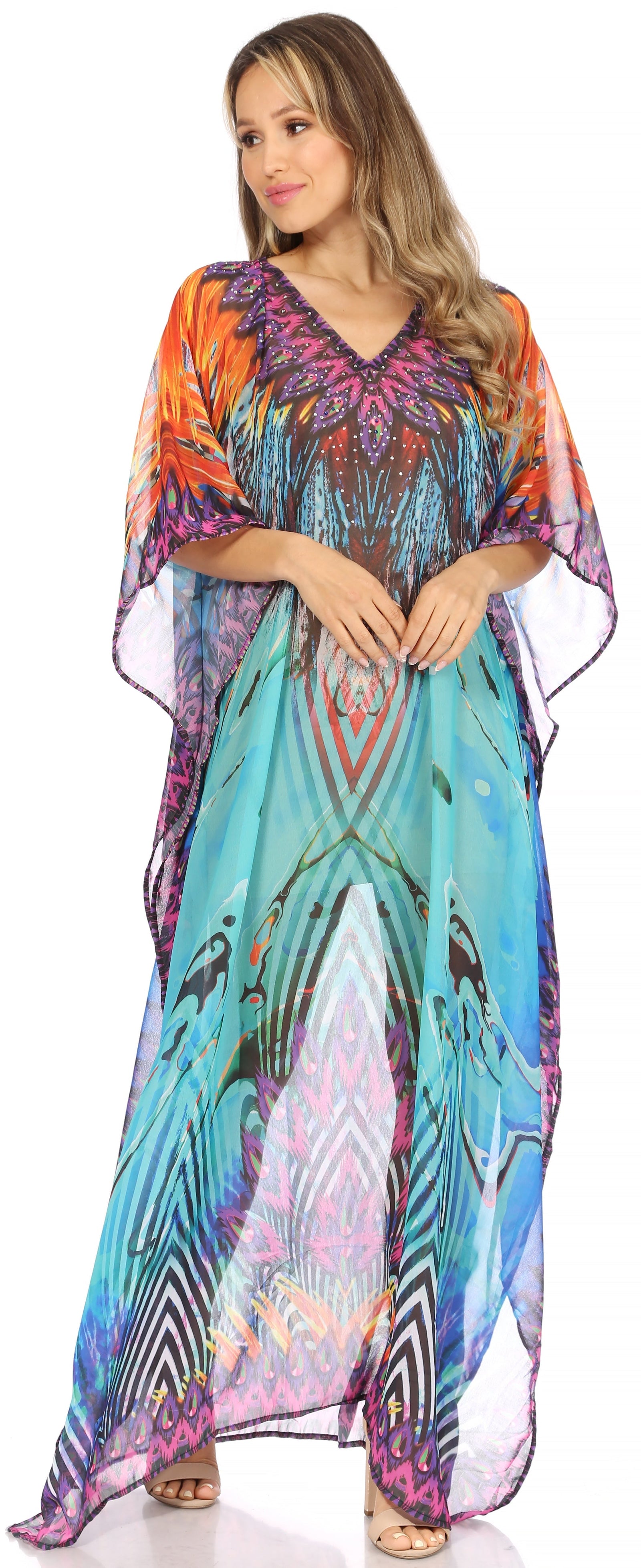 Vestido caftán largo con diseño estampado Wilder de Sakkas y cristales transparentes.