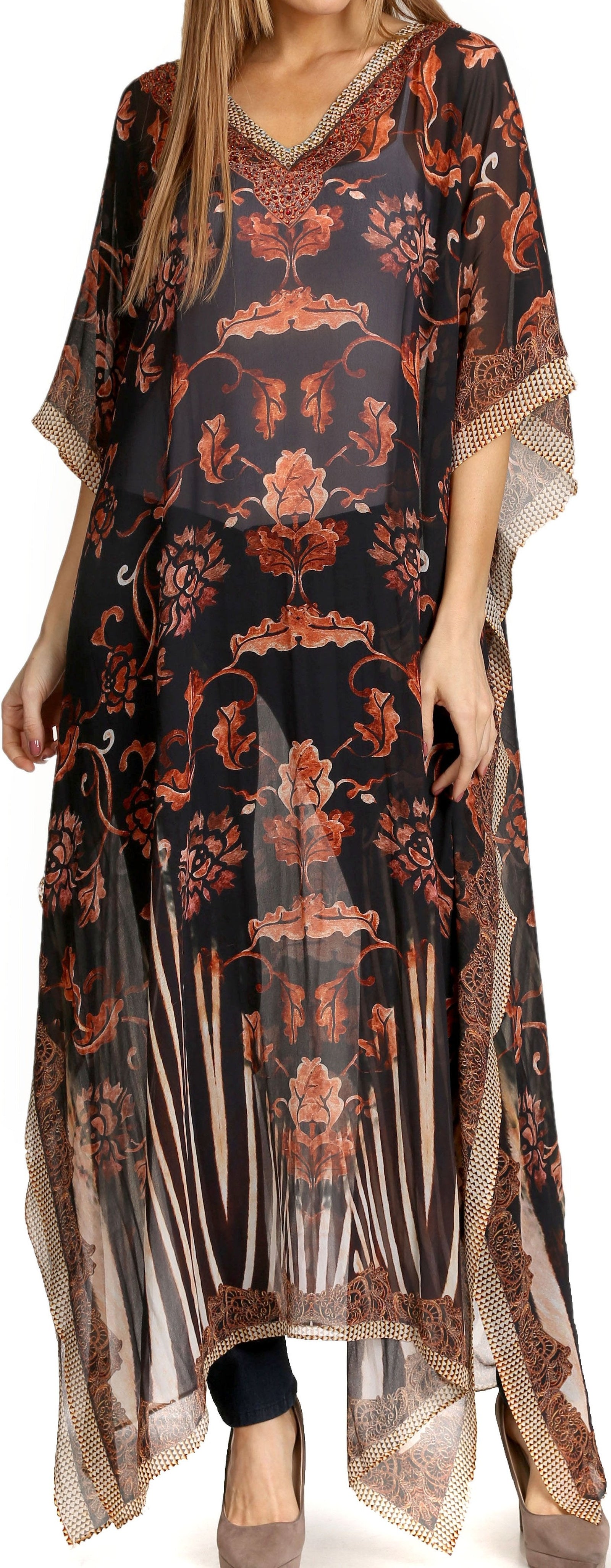 Vestido caftán largo con diseño estampado Wilder de Sakkas y cristales transparentes.