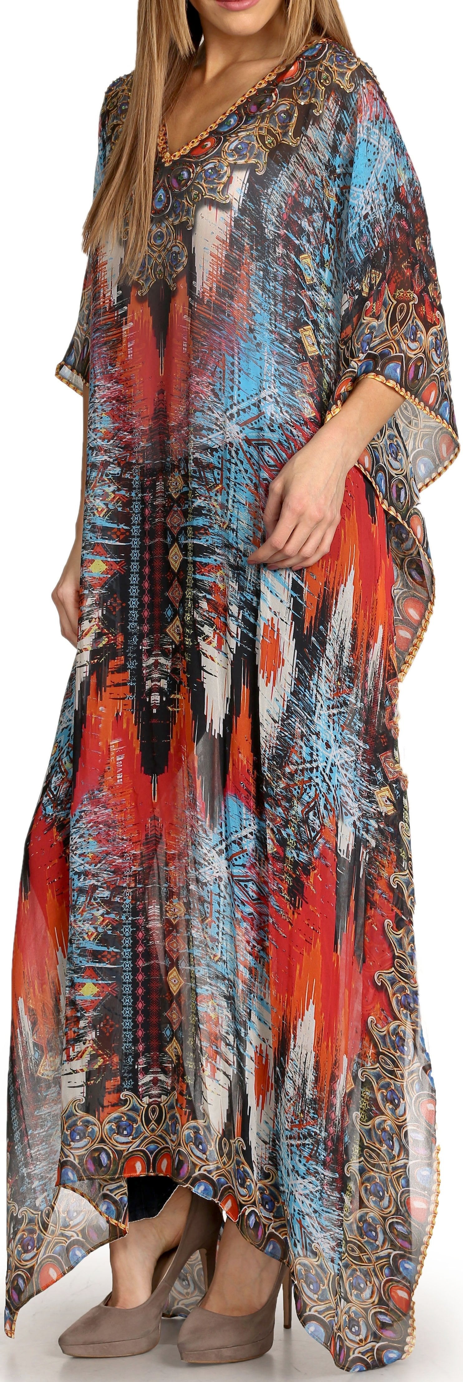 Vestido caftán largo con diseño estampado Wilder de Sakkas y cristales transparentes.