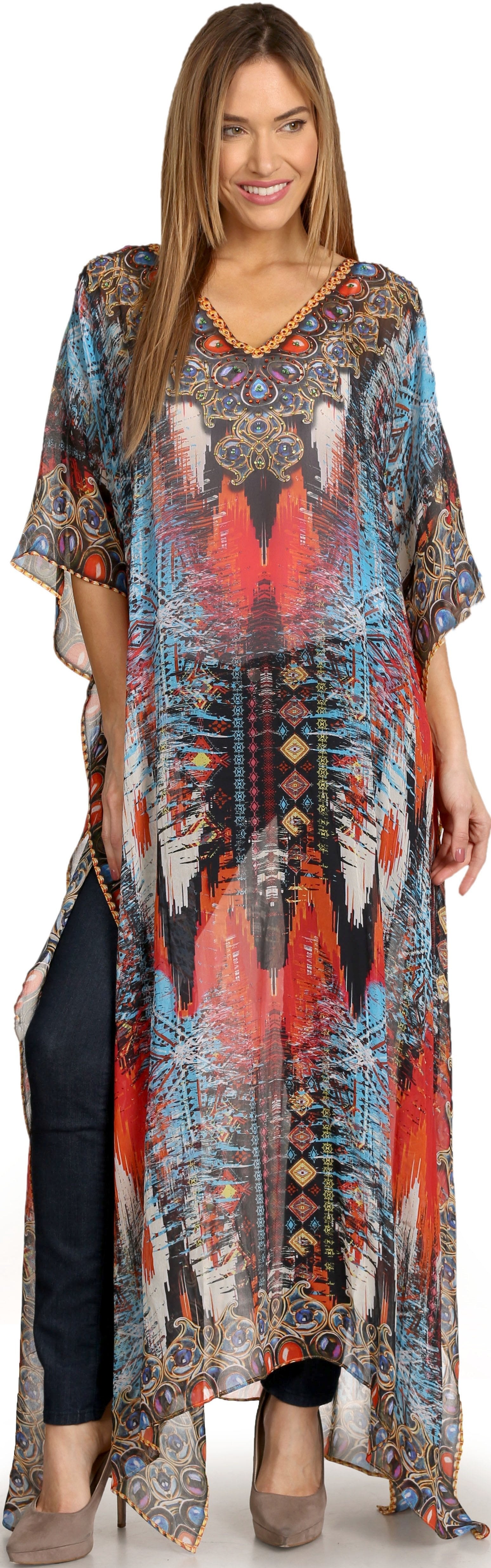Vestido caftán largo con diseño estampado Wilder de Sakkas y cristales transparentes.