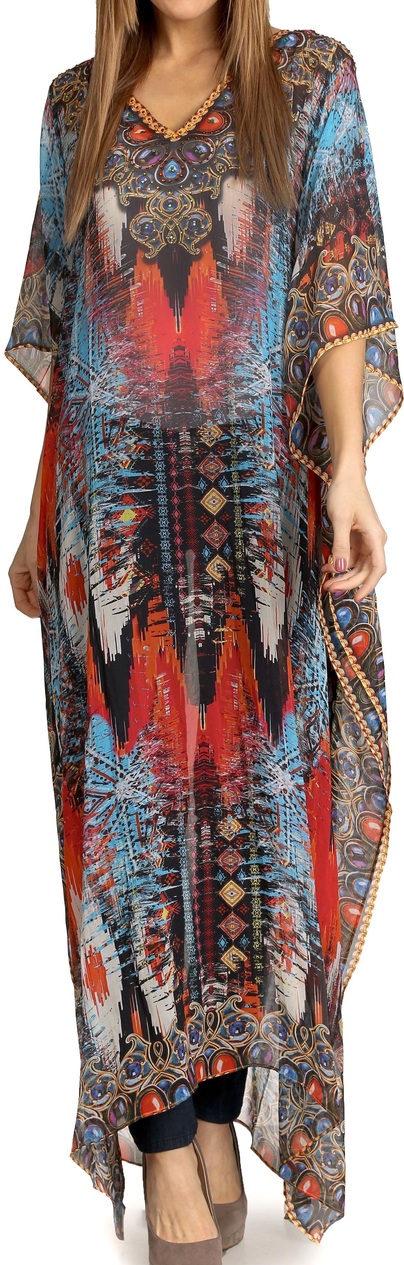 Vestido caftán largo con diseño estampado Wilder de Sakkas y cristales transparentes.