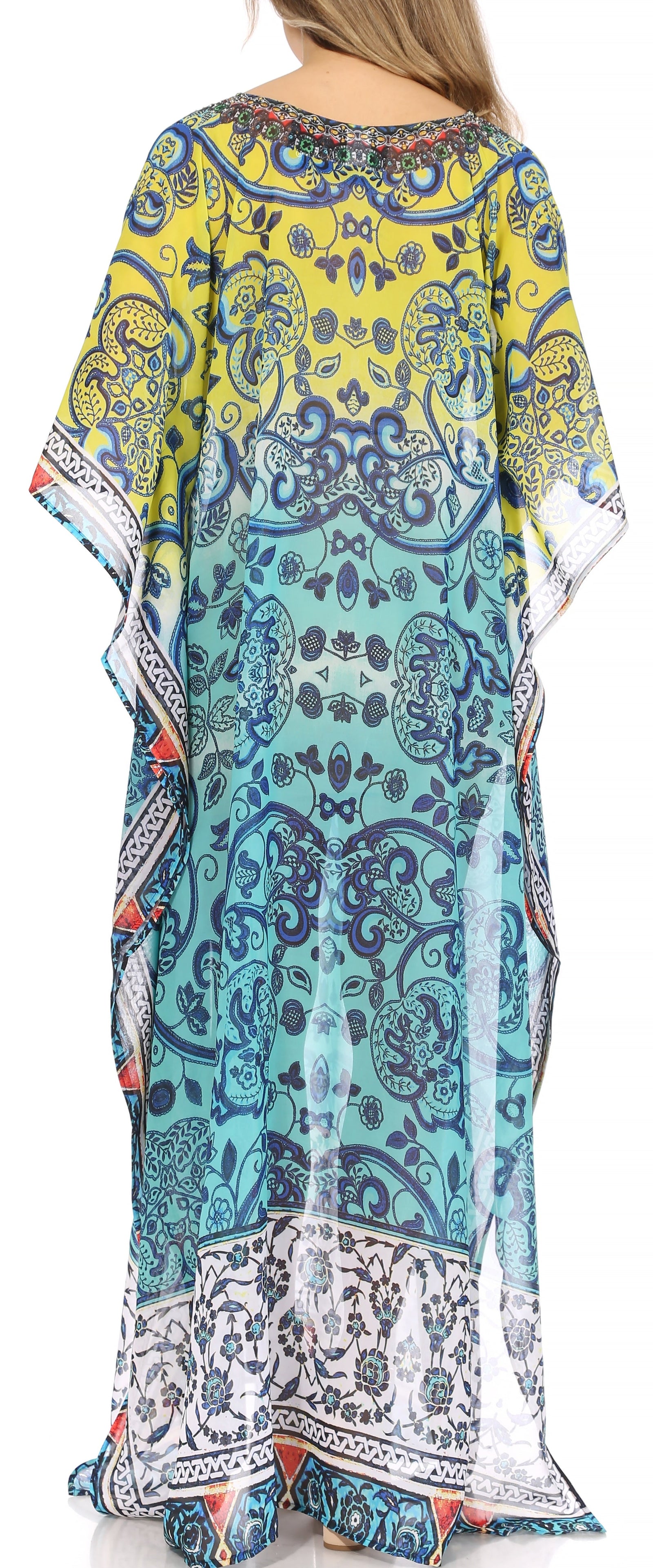 Vestido caftán largo con diseño estampado Wilder de Sakkas y cristales transparentes.