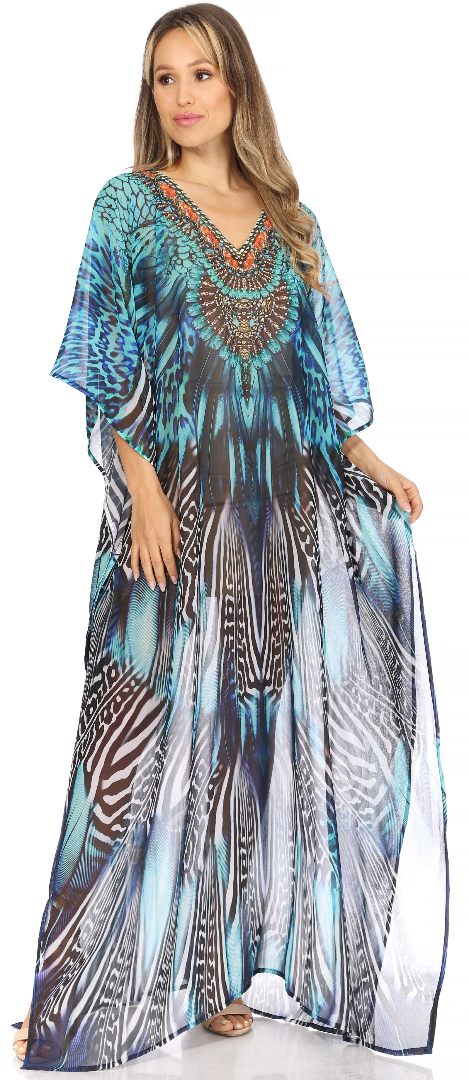 Vestido caftán largo con diseño estampado Wilder de Sakkas y cristales transparentes.