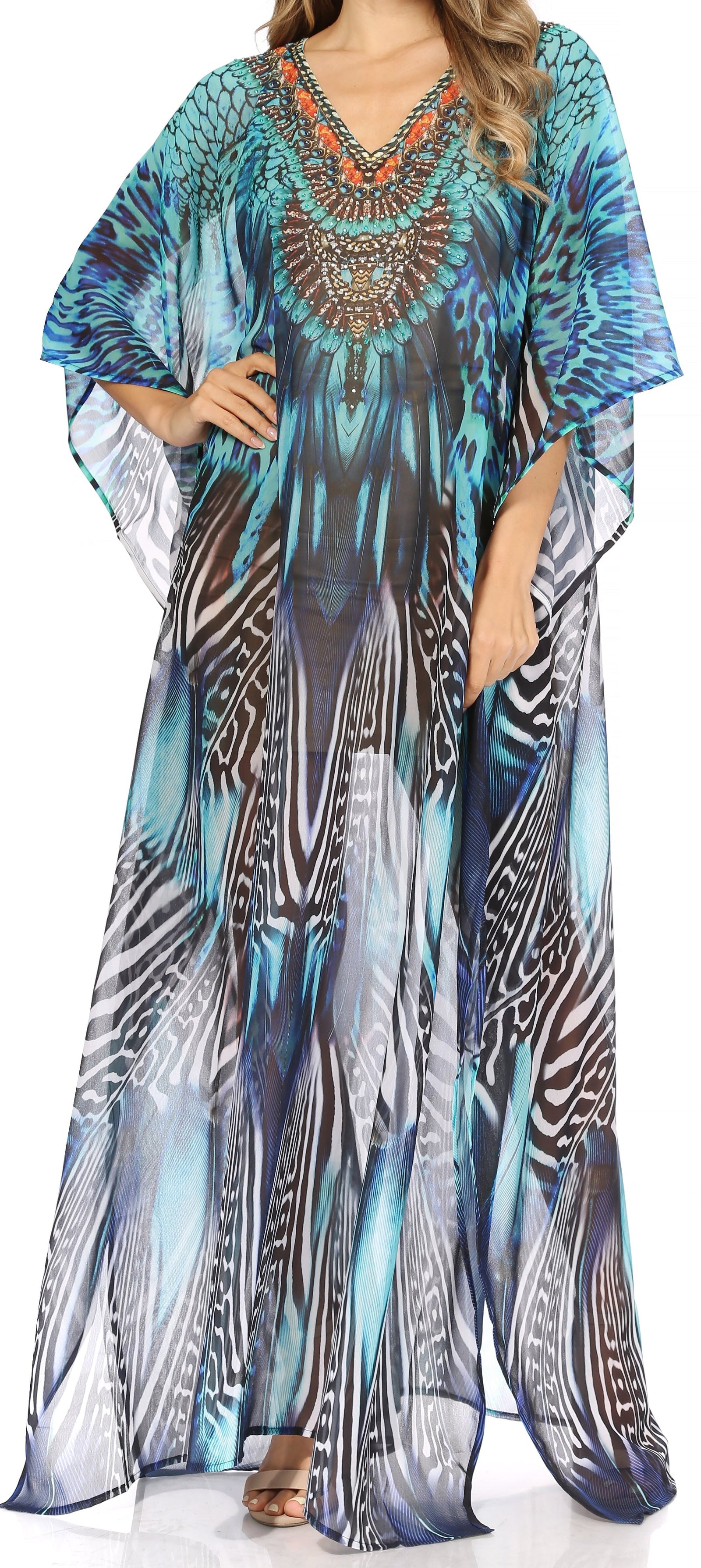 Vestido caftán largo con diseño estampado Wilder de Sakkas y cristales transparentes.
