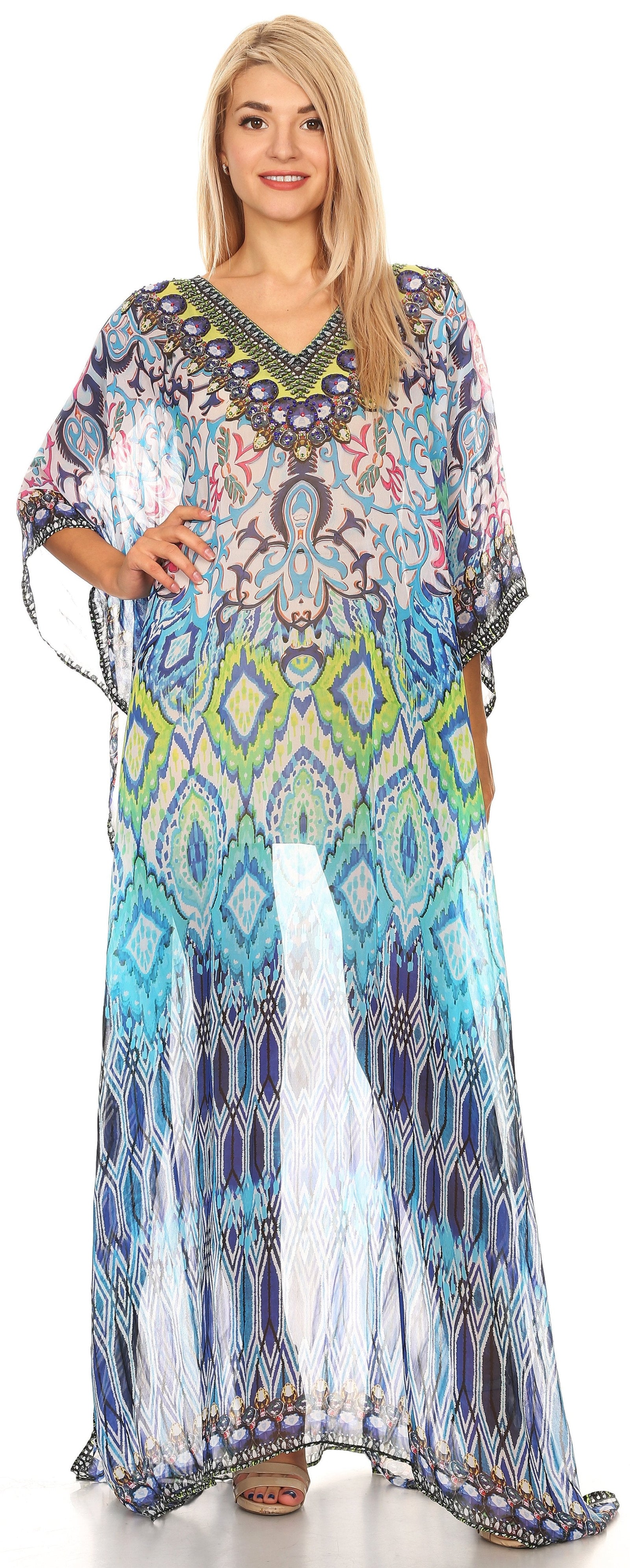 Vestido caftán largo con diseño estampado Wilder de Sakkas y cristales transparentes.