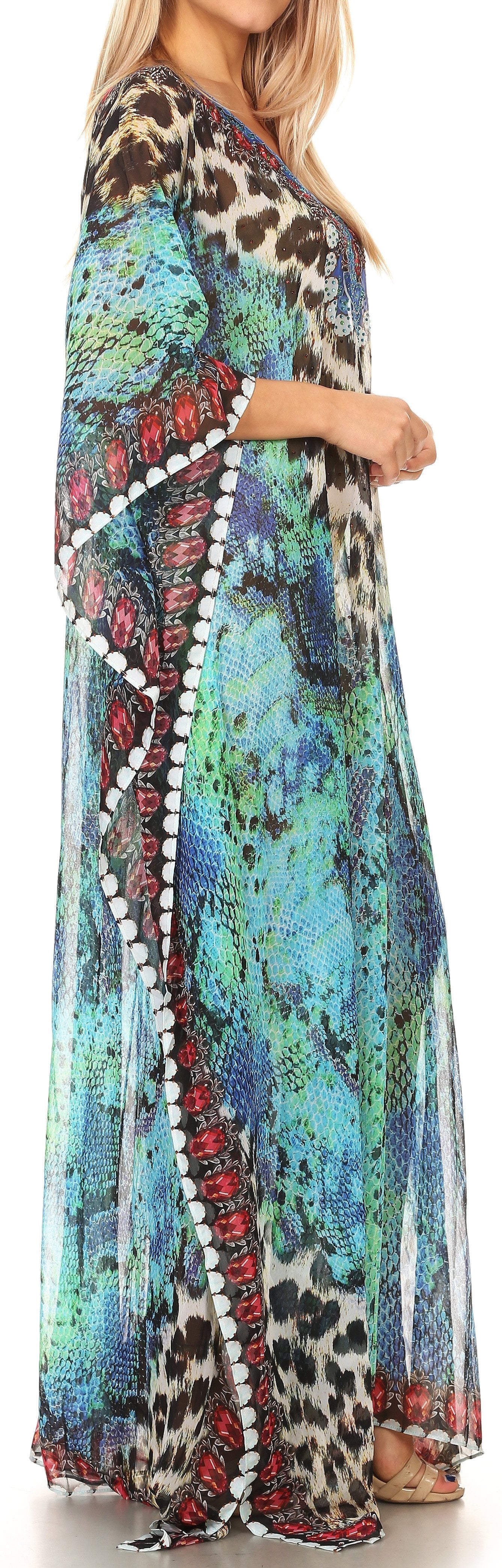 Vestido caftán largo con diseño estampado Wilder de Sakkas y cristales transparentes.