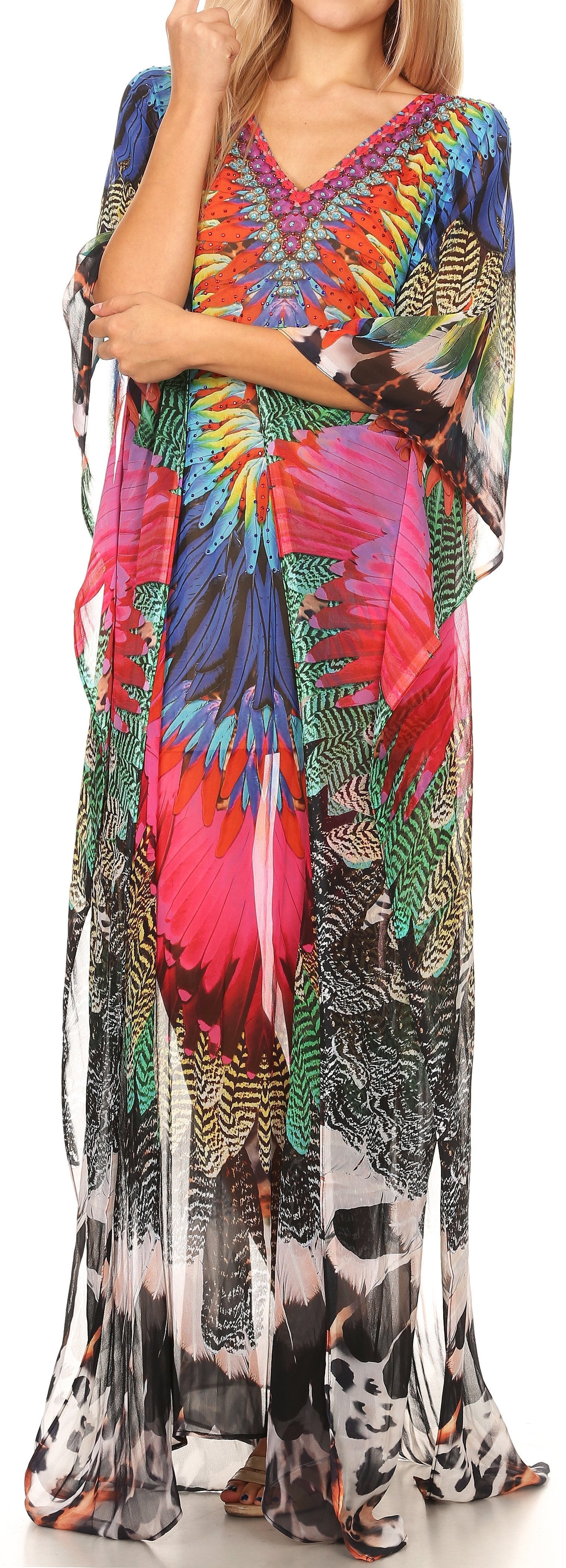 Vestido caftán largo con diseño estampado Wilder de Sakkas y cristales transparentes.