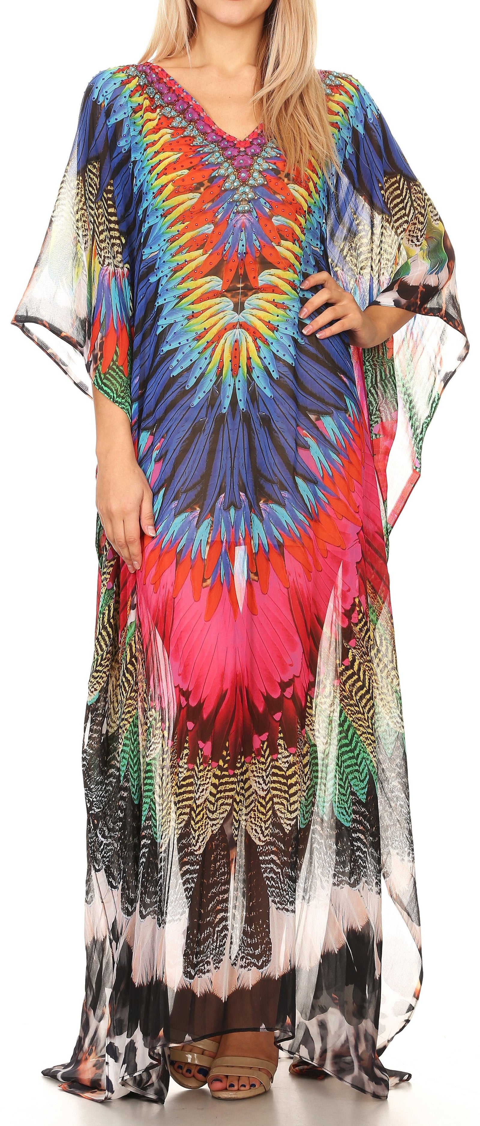 Vestido caftán largo con diseño estampado Wilder de Sakkas y cristales transparentes.