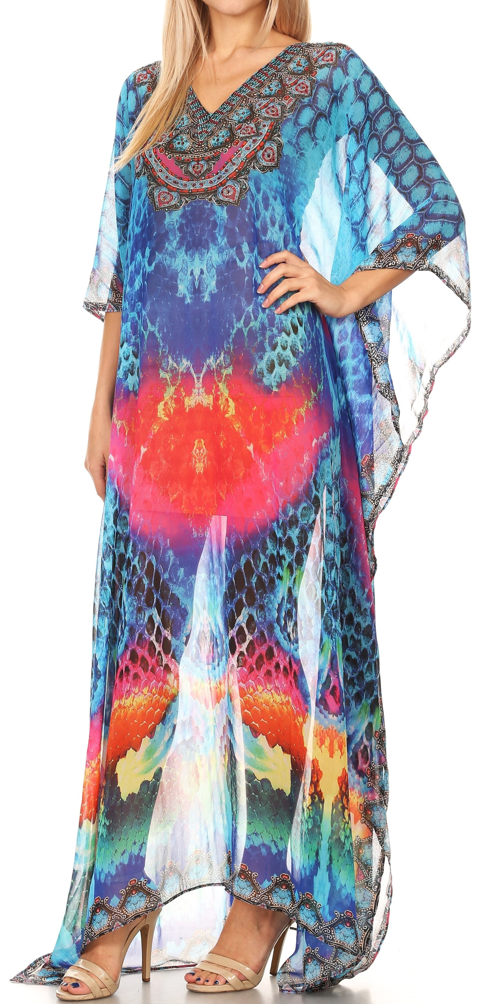 Vestido caftán largo con diseño estampado Wilder de Sakkas y cristales transparentes.