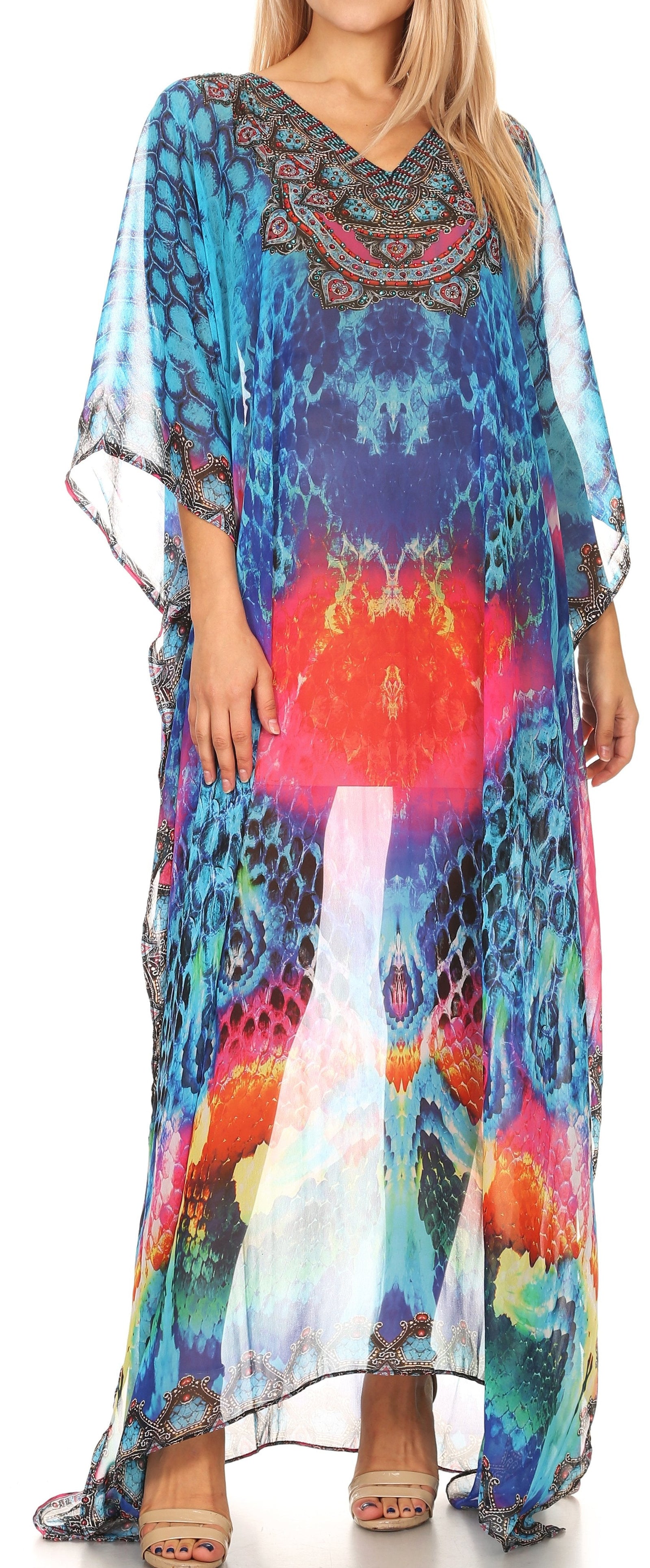 Vestido caftán largo con diseño estampado Wilder de Sakkas y cristales transparentes.